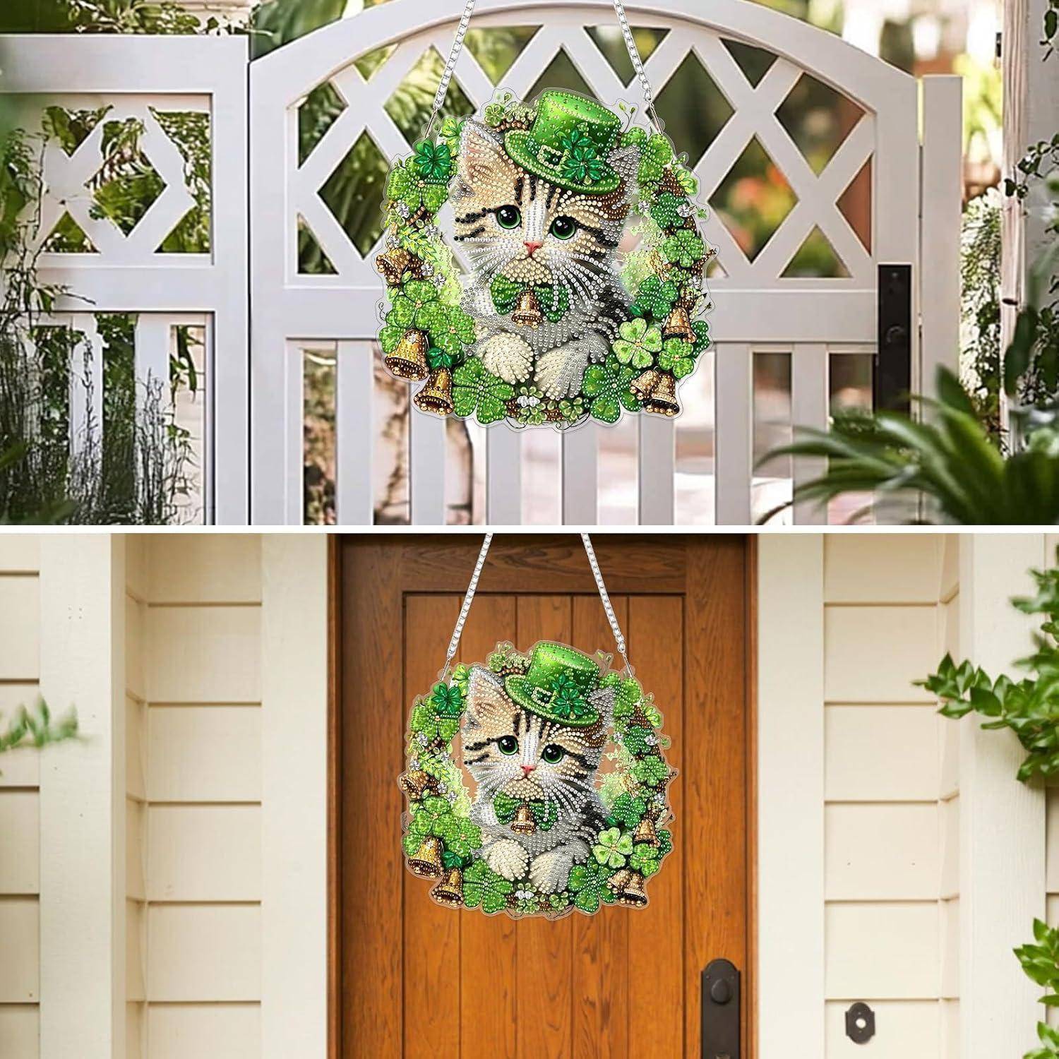 MXJSUA St.-Patrick’s-Day-Katze Diamond Painting Anhänger mit Kette Erwachsene, Diamant Painting Fensterbilder Hängende Ornament Bastelset Set für