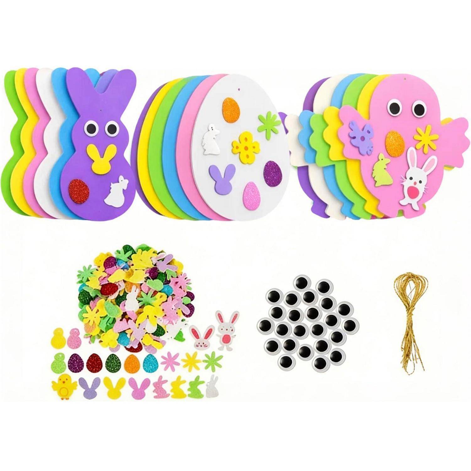 UxuoQxa Moosgummi Bastelset Kinder, Bastelset Ostern für Osterdeko Fenster, Frühling Dekoration mit 6 Eiern 6 Hühnern 6 Hasen