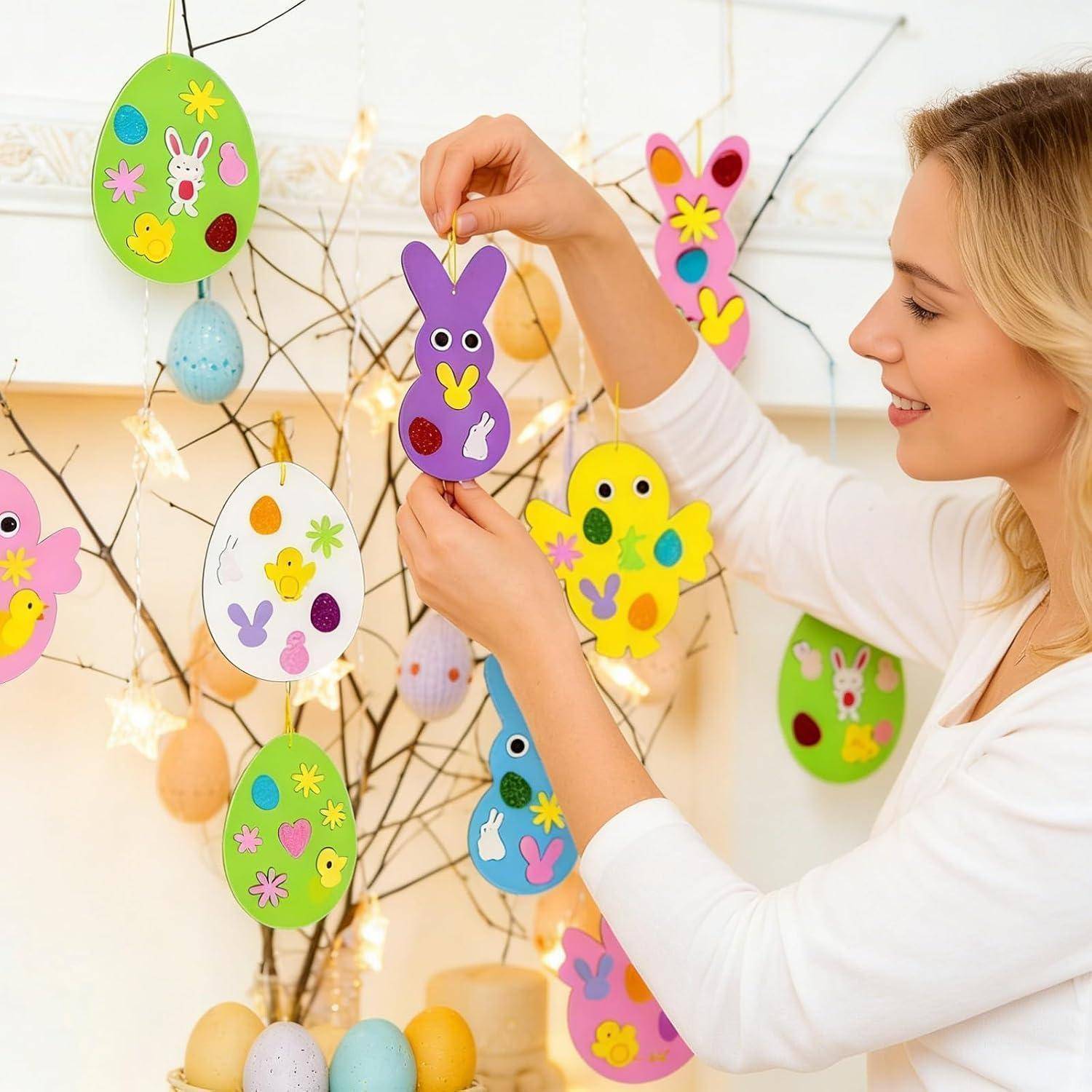 UxuoQxa Moosgummi Bastelset Kinder, Bastelset Ostern für Osterdeko Fenster, Frühling Dekoration mit 6 Eiern 6 Hühnern 6 Hasen