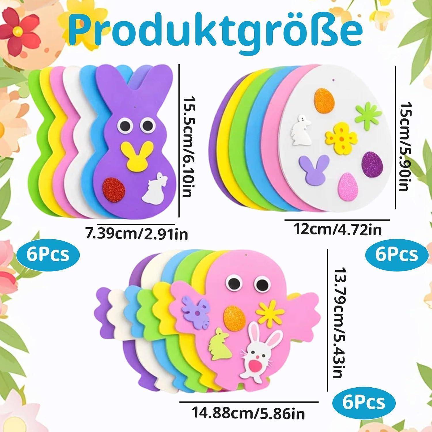 UxuoQxa Moosgummi Bastelset Kinder, Bastelset Ostern für Osterdeko Fenster, Frühling Dekoration mit 6 Eiern 6 Hühnern 6 Hasen