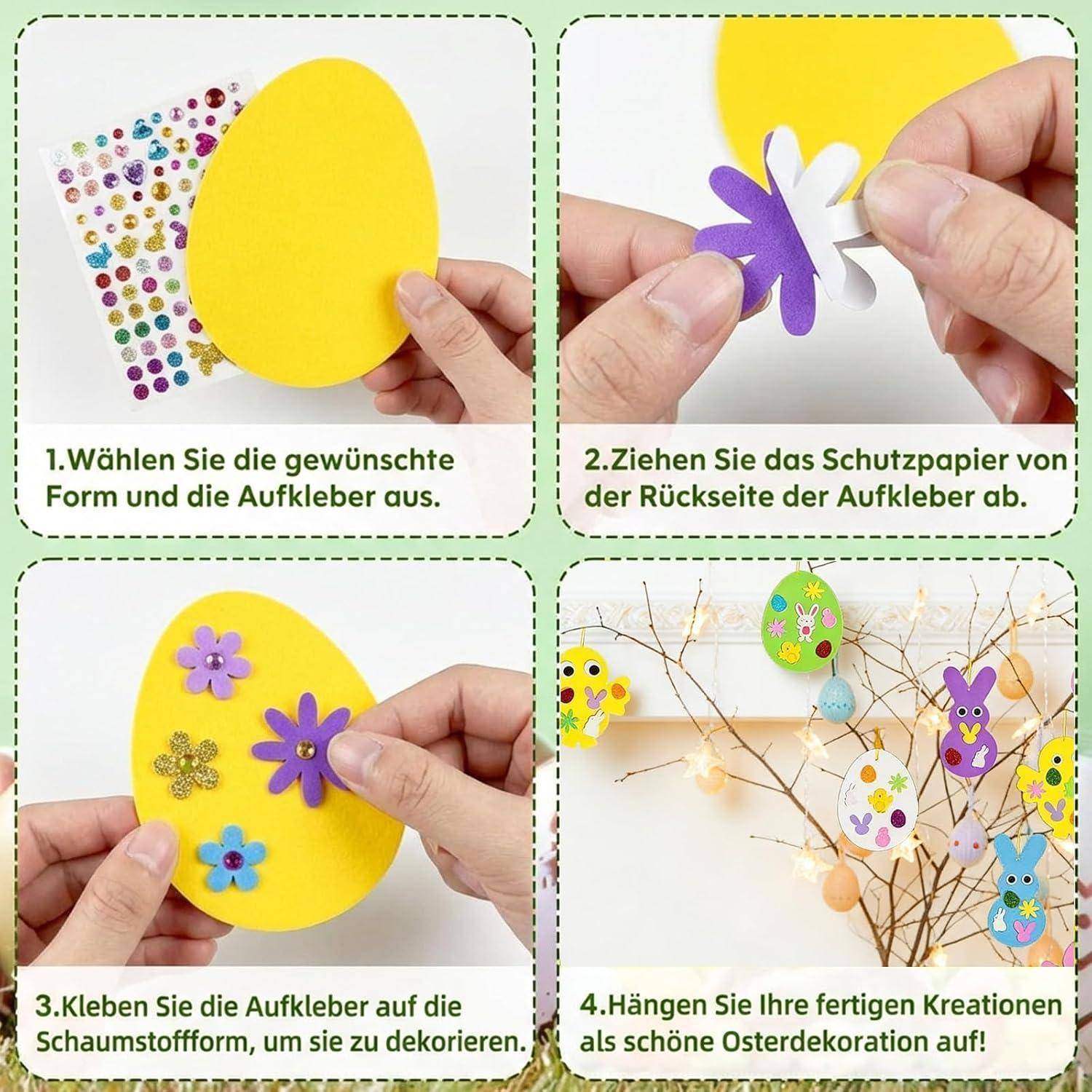 UxuoQxa Moosgummi Bastelset Kinder, Bastelset Ostern für Osterdeko Fenster, Frühling Dekoration mit 6 Eiern 6 Hühnern 6 Hasen
