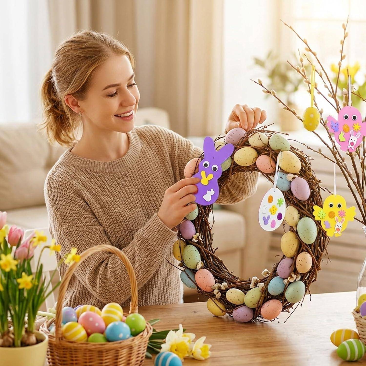 UxuoQxa Moosgummi Bastelset Kinder, Bastelset Ostern für Osterdeko Fenster, Frühling Dekoration mit 6 Eiern 6 Hühnern 6 Hasen
