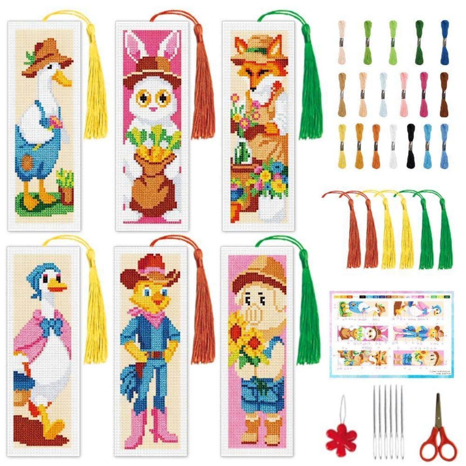 INFUNLY 6 Stück Bauernhoftiere Kreuzstich Lesezeichen Set 17.7x23.6 Geprägte Stickerei Lesezeichen Kits mit Cartoon Tiere Needlepoint Lesezeichen Ki