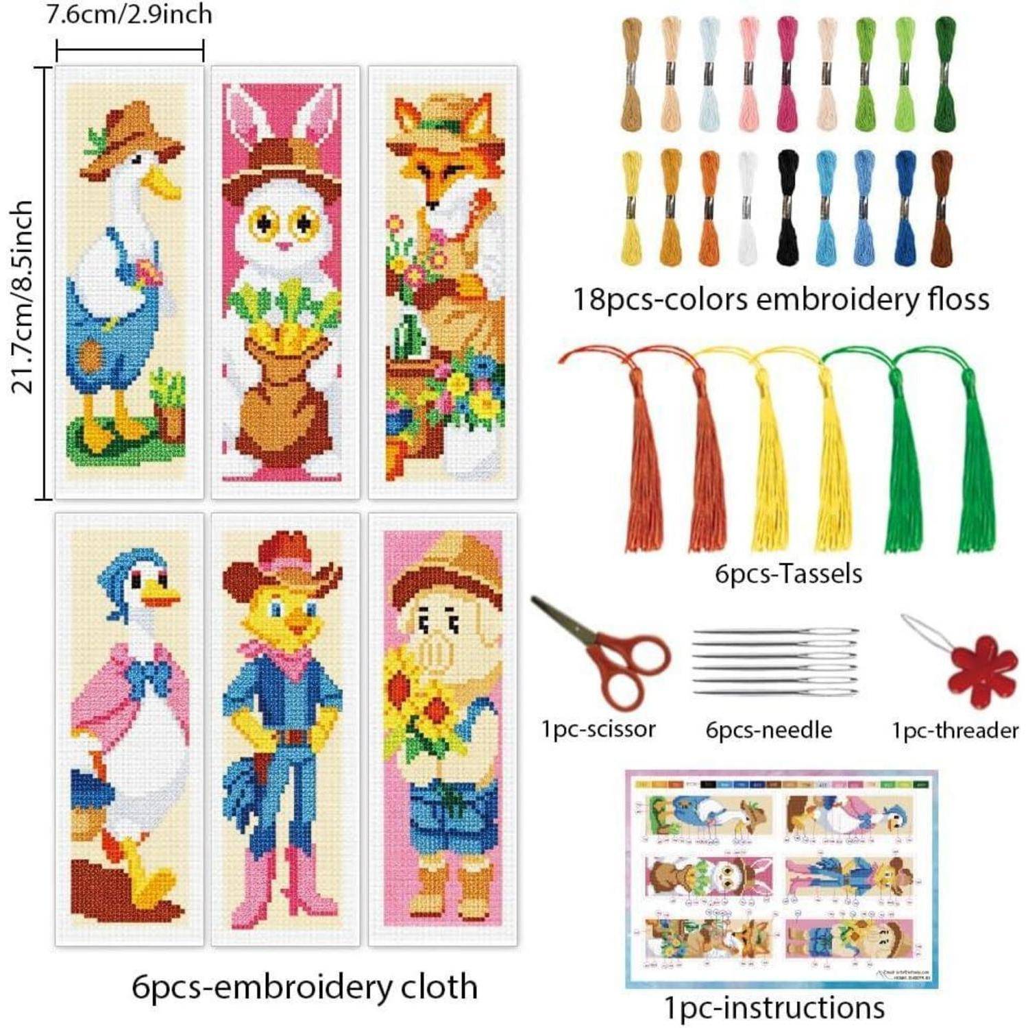 INFUNLY 6 Stück Bauernhoftiere Kreuzstich Lesezeichen Set 17.7x23.6 Geprägte Stickerei Lesezeichen Kits mit Cartoon Tiere Needlepoint Lesezeichen Ki