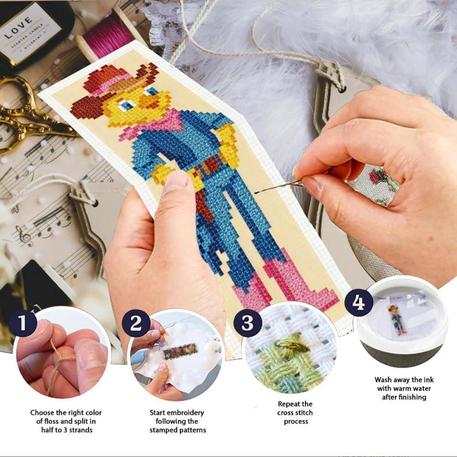 INFUNLY 6 Stück Bauernhoftiere Kreuzstich Lesezeichen Set 17.7x23.6 Geprägte Stickerei Lesezeichen Kits mit Cartoon Tiere Needlepoint Lesezeichen Ki