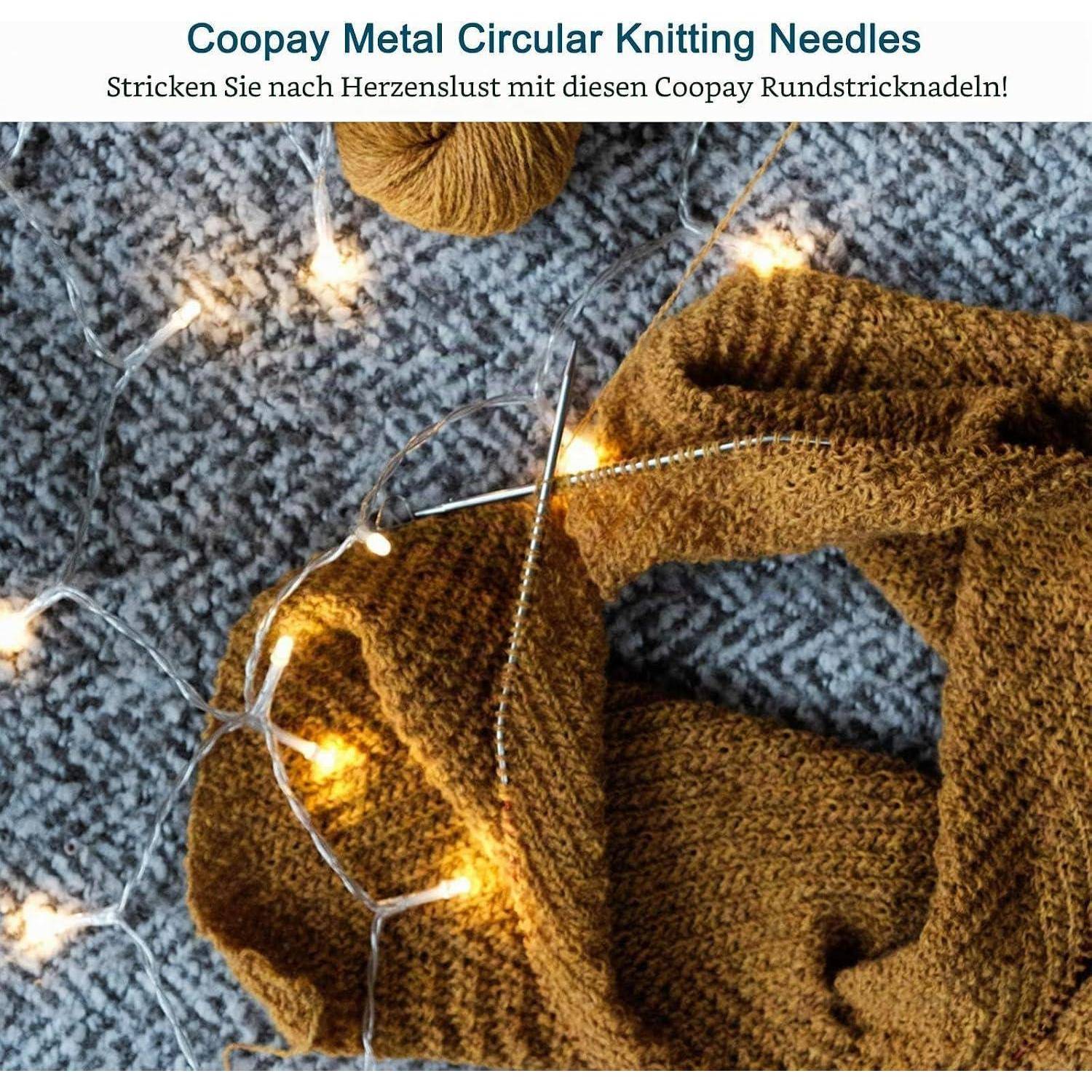 Coopay Edelstahl Rundstricknadeln 40 cm, 11 Stück Rundstricknadel Set mit Etui und Nadellehre, Kurze Rundstricknadel für Anfänger, Rundstricknadeln