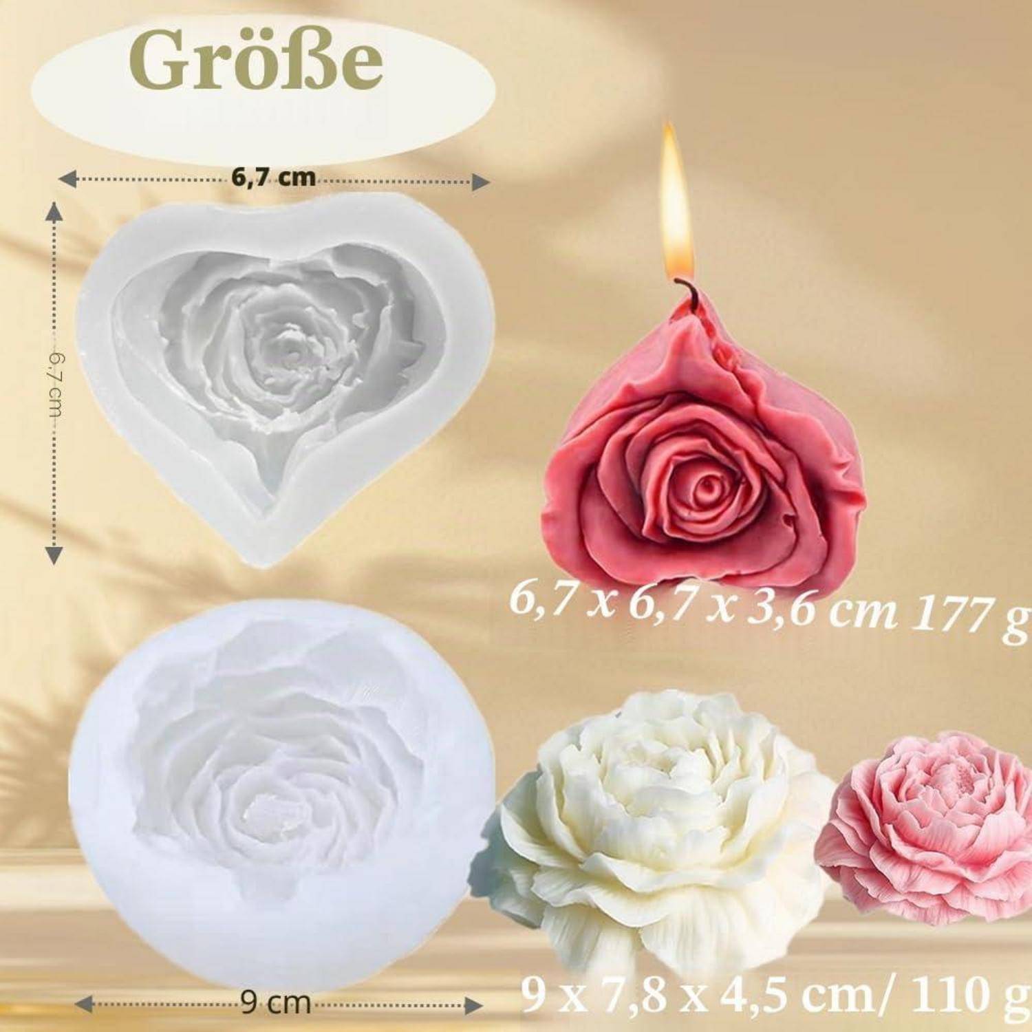 Kerzen Formen Silikon 2 Stücke 3D Blumen Silikonformen Gießformen DIY Rose Pfingstrose Kerzenform,für Kerzen Selber Machen Kuchen Backen Schokolade
