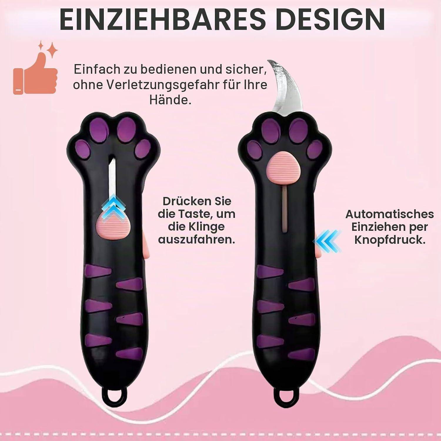 Infografik eines Einziehbares Messer mit Pfotendruck-Griff und Klinge; Der deutsche Text besagt, dass es einfach, sicher ist und sich automatisch durch Knopfdruck einzieht.