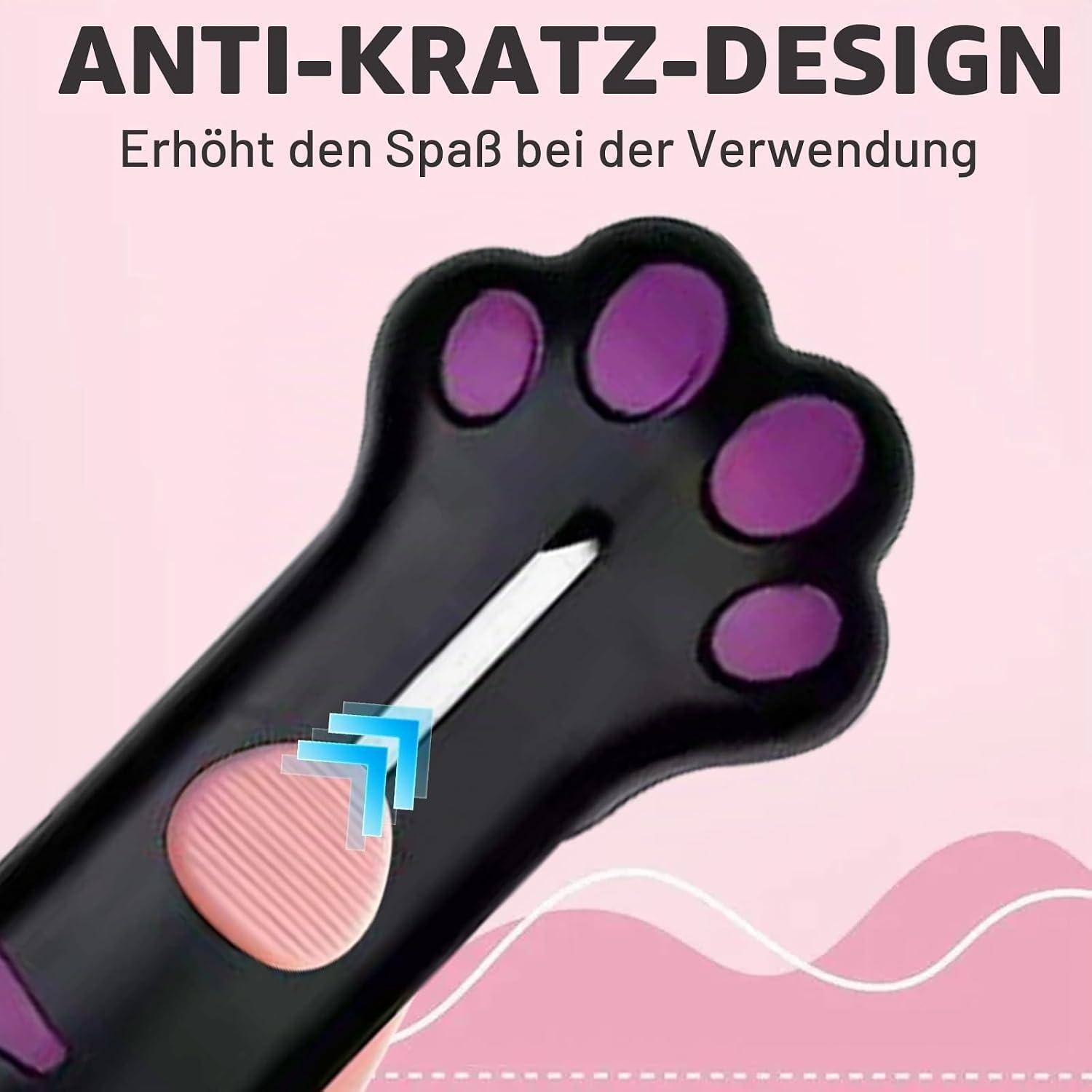 Schwarze Katzenpfoten-Nagelfeile mit rosa Schleifpad, beschriftet mit „ANTI-KRATZ-DESIGN