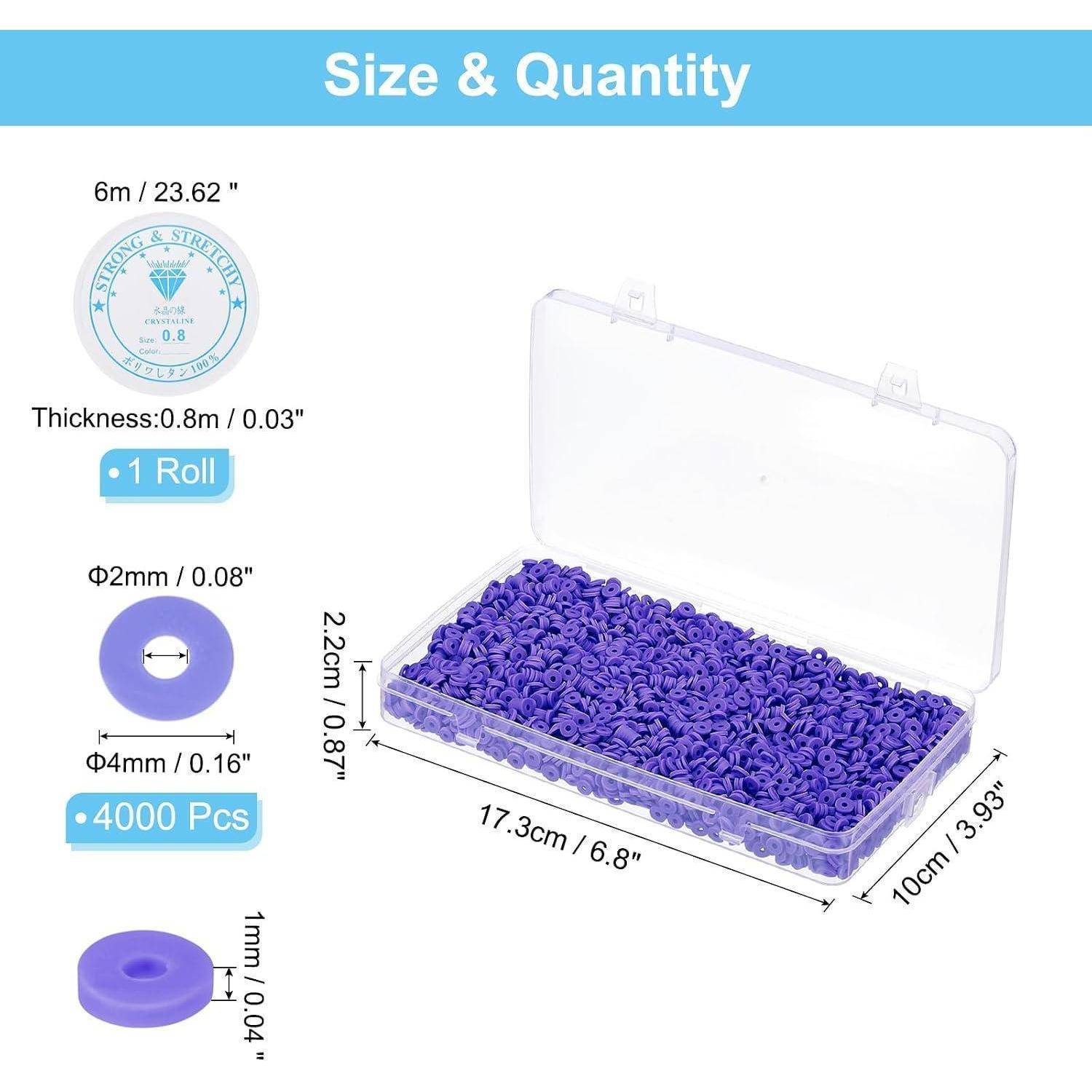 Größen- und Mengentabelle für violette Silikonunterlegscheiben: 1 Rolle, 4000 Stück; zeigt 6 m Länge, 0,8 mm Dicke, 2 mm Innendurchmesser, 4 mm Außendurchmesser und Lagerkastenmessungen.