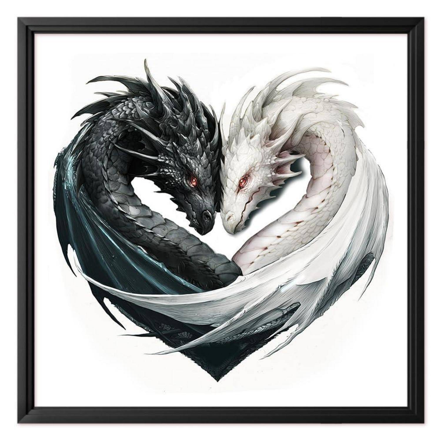 Gerahmte Illustration von zwei verschlungenen Drachen, einer schwarz und einer weiß, die vor weißem Hintergrund eine Herzform bilden.