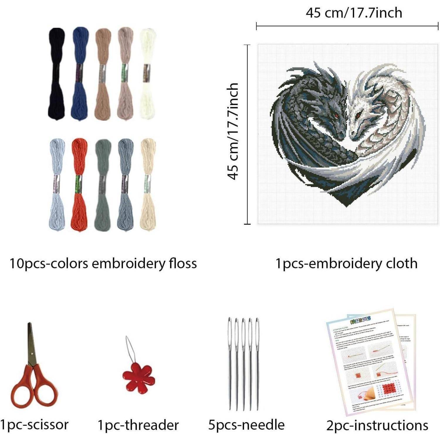Inhaltsverzeichnis des Stickerei-Sets: 10 Flockfarben, 45 cm Stickstoff mit Herzdesign, Schere, Einfädler, 5 Nadeln und Anleitung.