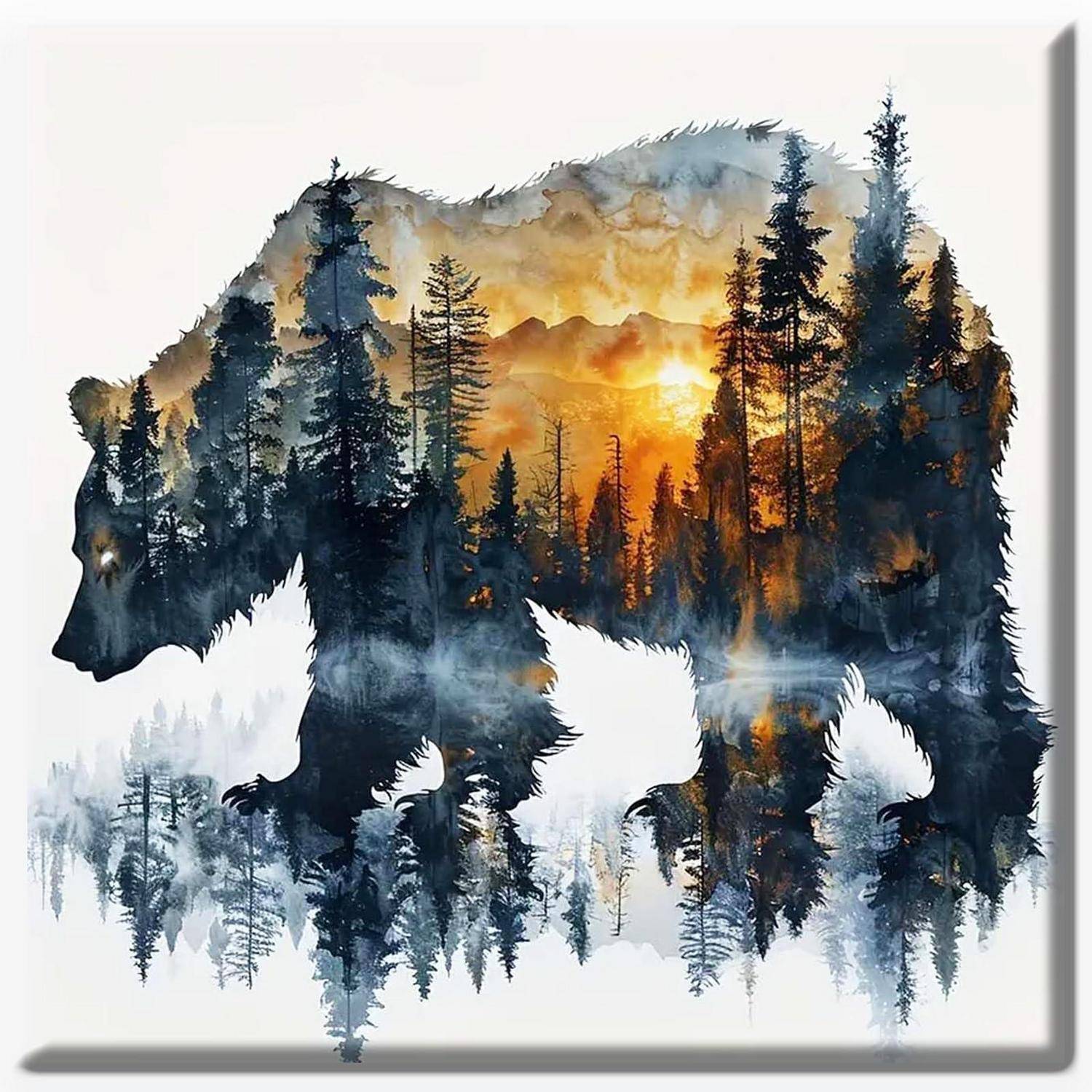 Bärensilhouette gefüllt mit einer Waldlandschaft und glühendem Sonnenuntergang, wodurch eine naturthematische Doppelbelichtungsillustration entsteht.