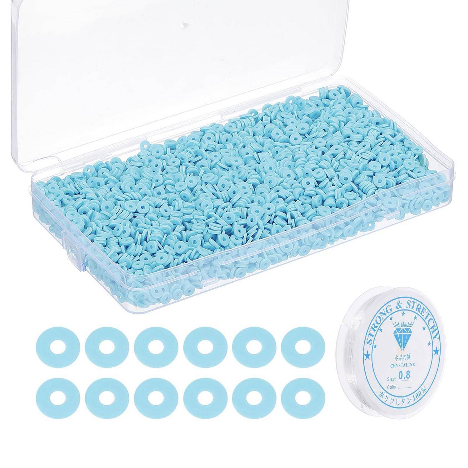 Ein durchsichtiges Kunststoffgehäuse gefüllt mit hellblauen Gummi-O-Ringen, mit einer Spule mit der Aufschrift „Strong & Stretch