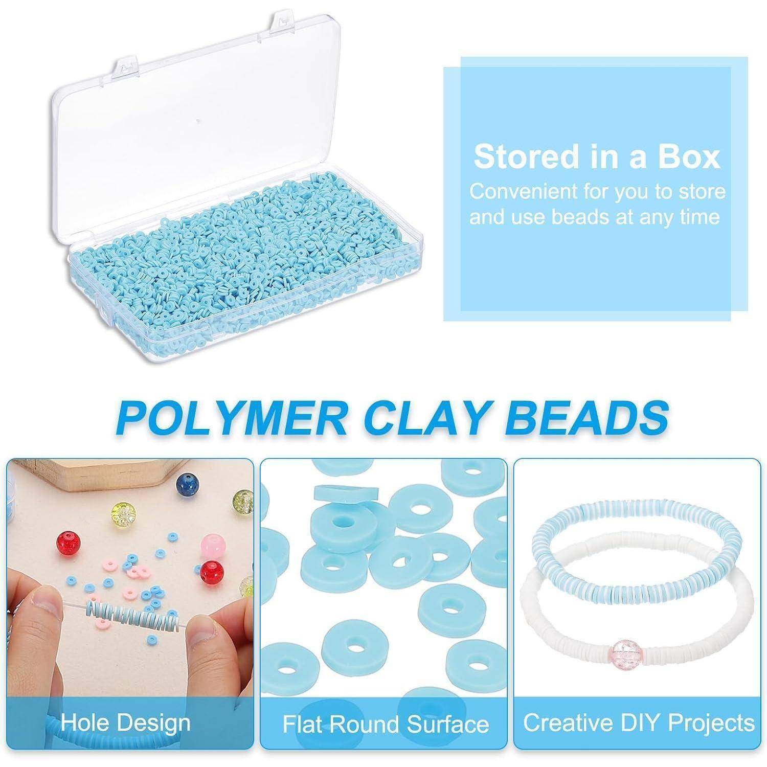 Anzeige für Polymer-Ton-Perlen in einer Aufbewahrungsbox mit Lochdesign, flachen runden Perlen und Beispiel-DIY-Armbändern.