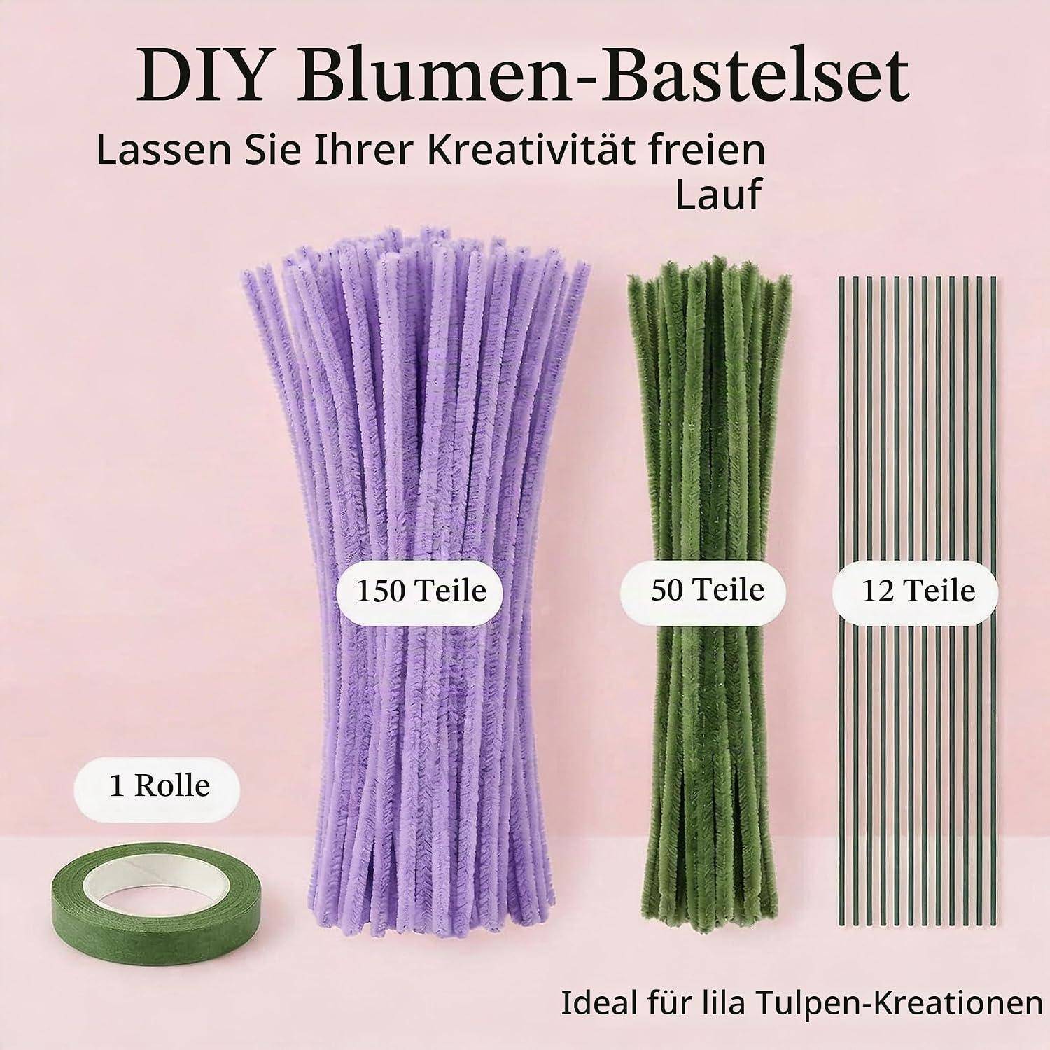 DIY-Blumenhandwerk-Set mit lila und grünen Pfeifenreinigern, 1 Rolle Klebeband und 12 gestreiften Stielen; Text sagt „150 Teile