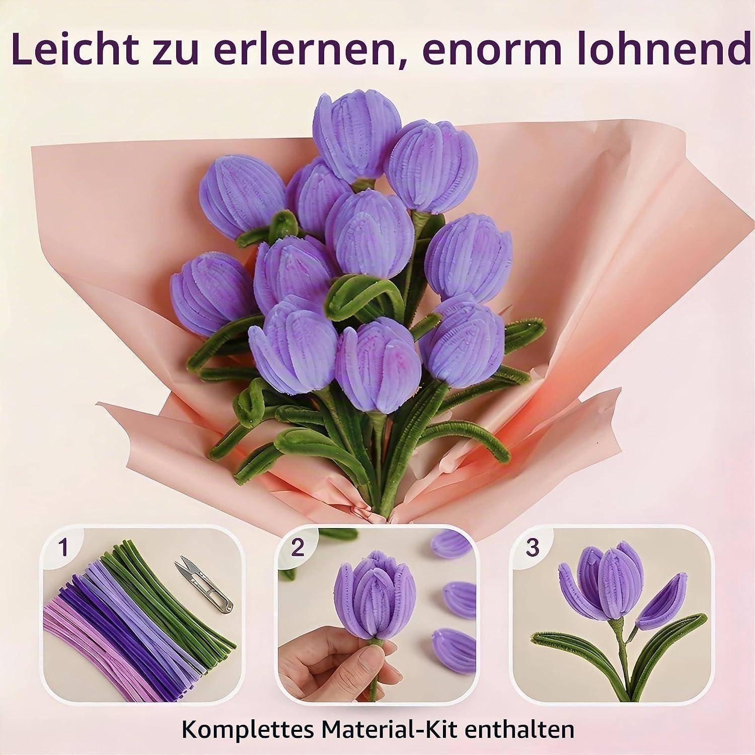 Deutsches Kunsthandwerk-Anzeige mit einem Strauß aus violetten Papierblumen und dem Text „Leicht zu erlernen, enorm lohnend