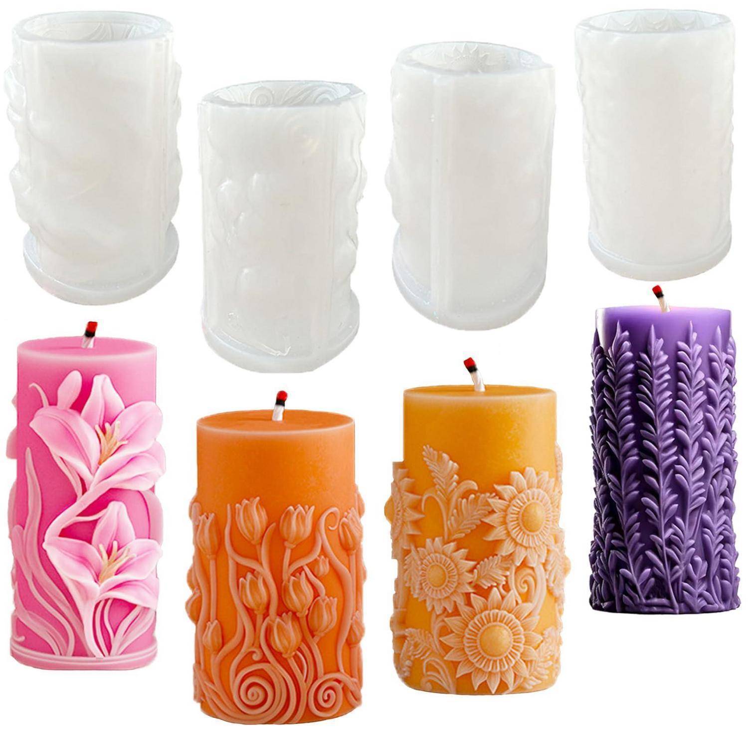Sortierte dekorative Säulenkerzen mit floralen und Blattreliefmustern in Weiß, Rosa, Orange, Gelb und Lila.