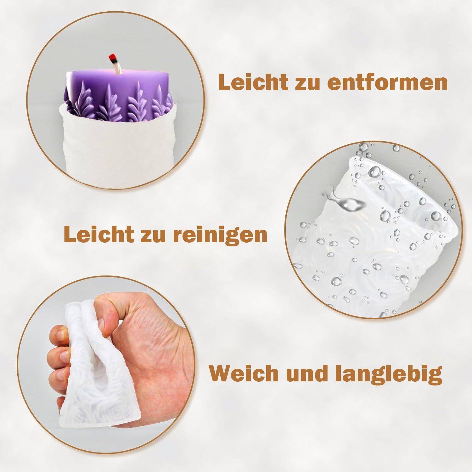 Infografik zeigt einen weißen Kerzenhalter, der leicht zu entformen, zu reinigen und langlebig ist; deutsche Beschriftungen lauten „Leicht zu entformen