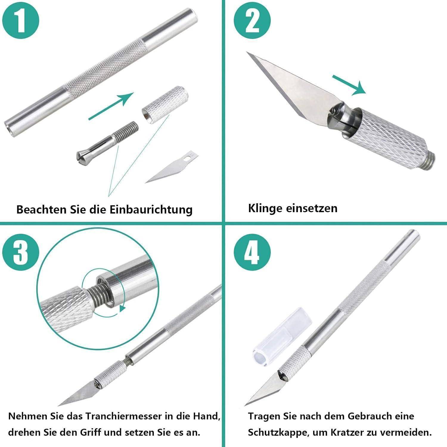 Vierstufiges Diagramm zeigt, wie man ein Schneidmesser montiert und verwendet: Klinge einführen, Griff anbringen, Griffdrehung zur Sicherung, dann Schutzkappe nach Gebrauch wieder aufsetzen.
