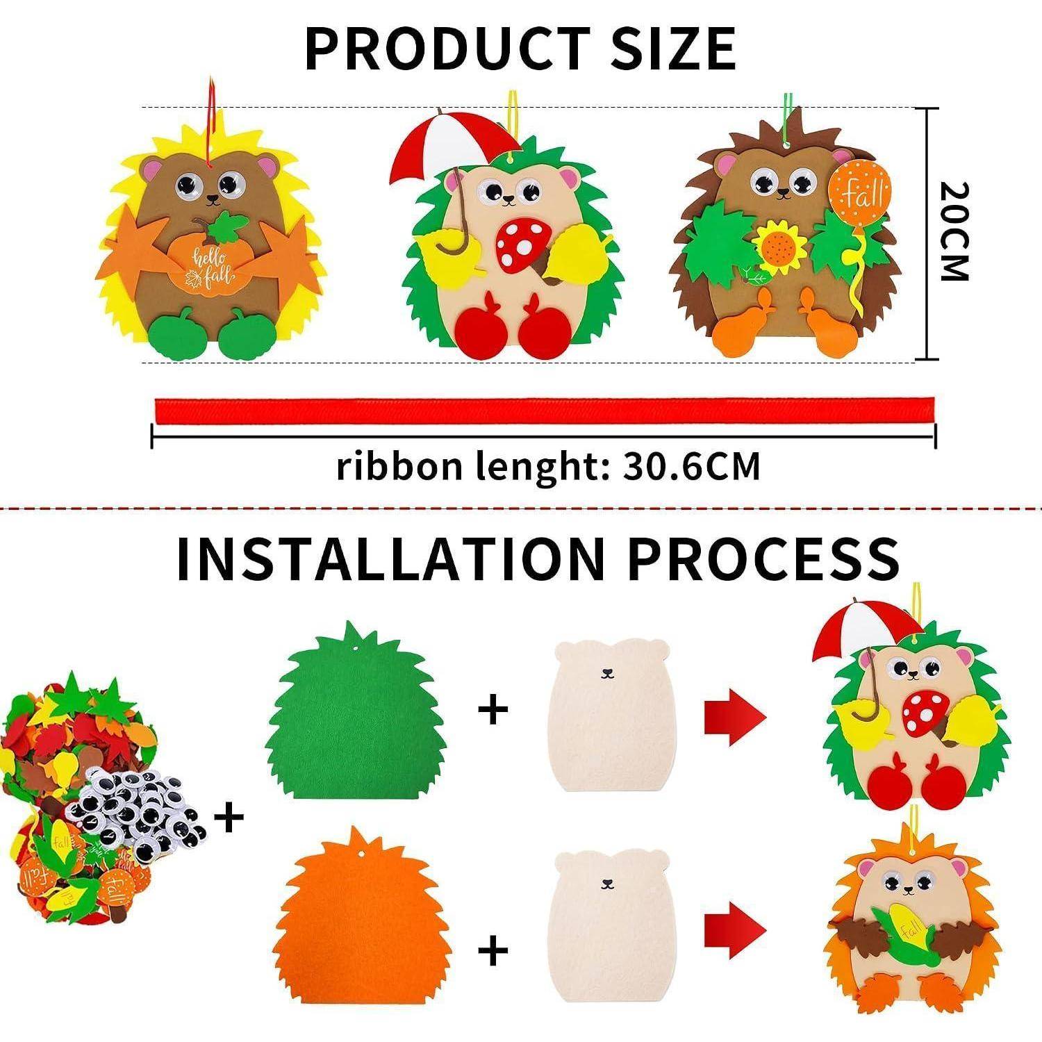 Diagramm mit einer hängenden Eulen-Dekoration im Set. Das obere Feld listet die Produktgröße auf: Jede Eule ist 20 cm groß und die Bandlänge beträgt 30,6 cm. Das untere Feld zeigt die Montage: Blattteile plus eine Basis erzeugen die Eulendesigns.
