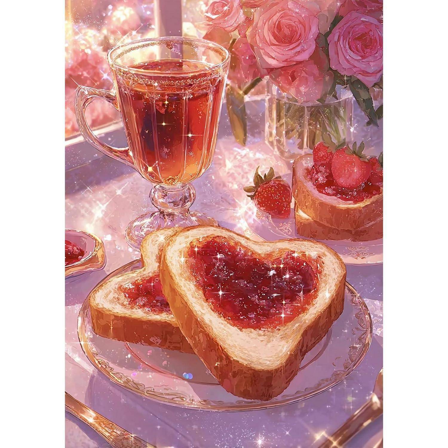 Funkelndes Frühstücksstillleben mit herzförmigem Marmeladentoast auf einem Glasteller, einer Teetasse, Erdbeeren, einem kleinen Kuchen und rosa Rosen.