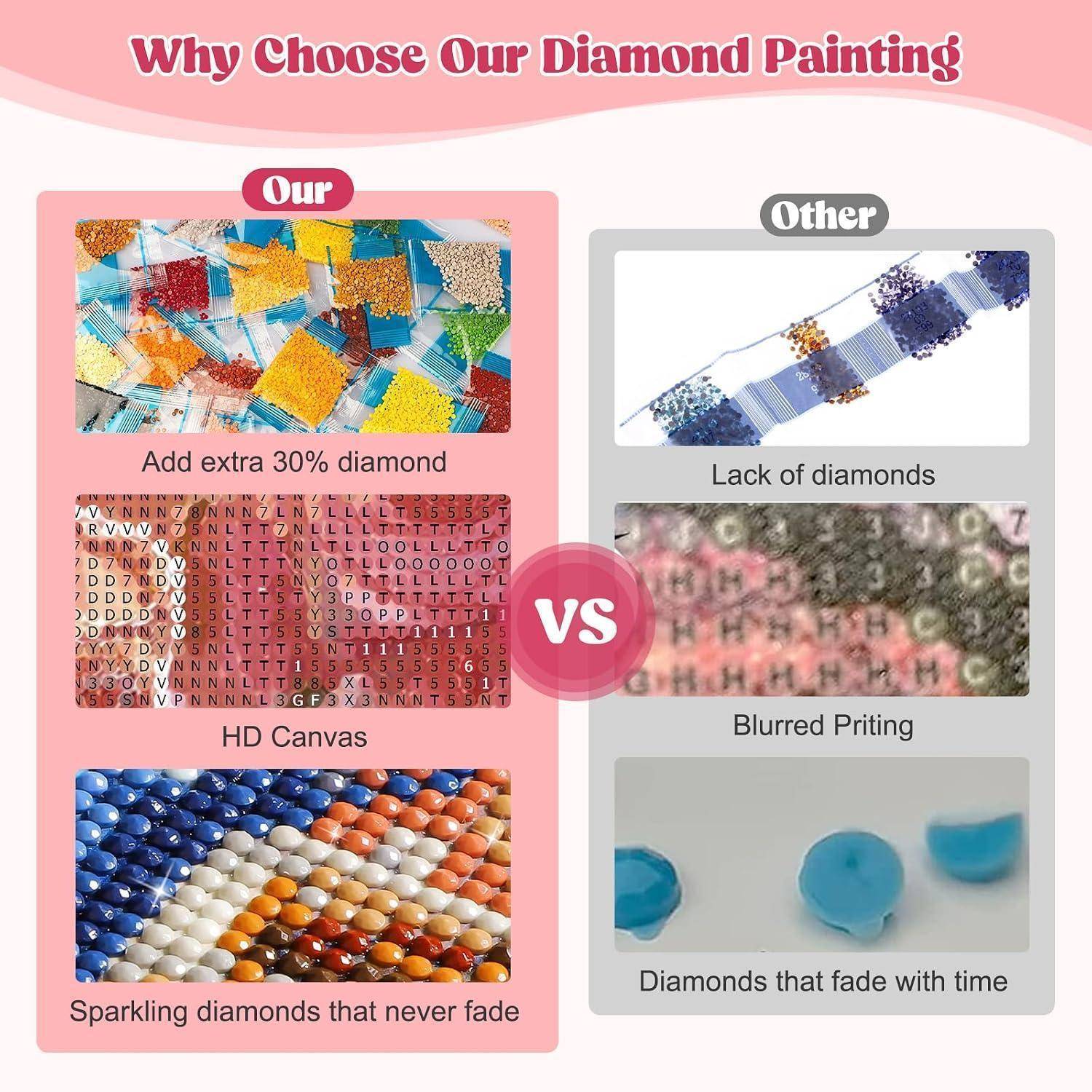 Vergleichsgrafik mit dem Titel „Warum unser Diamantmalerei wählen