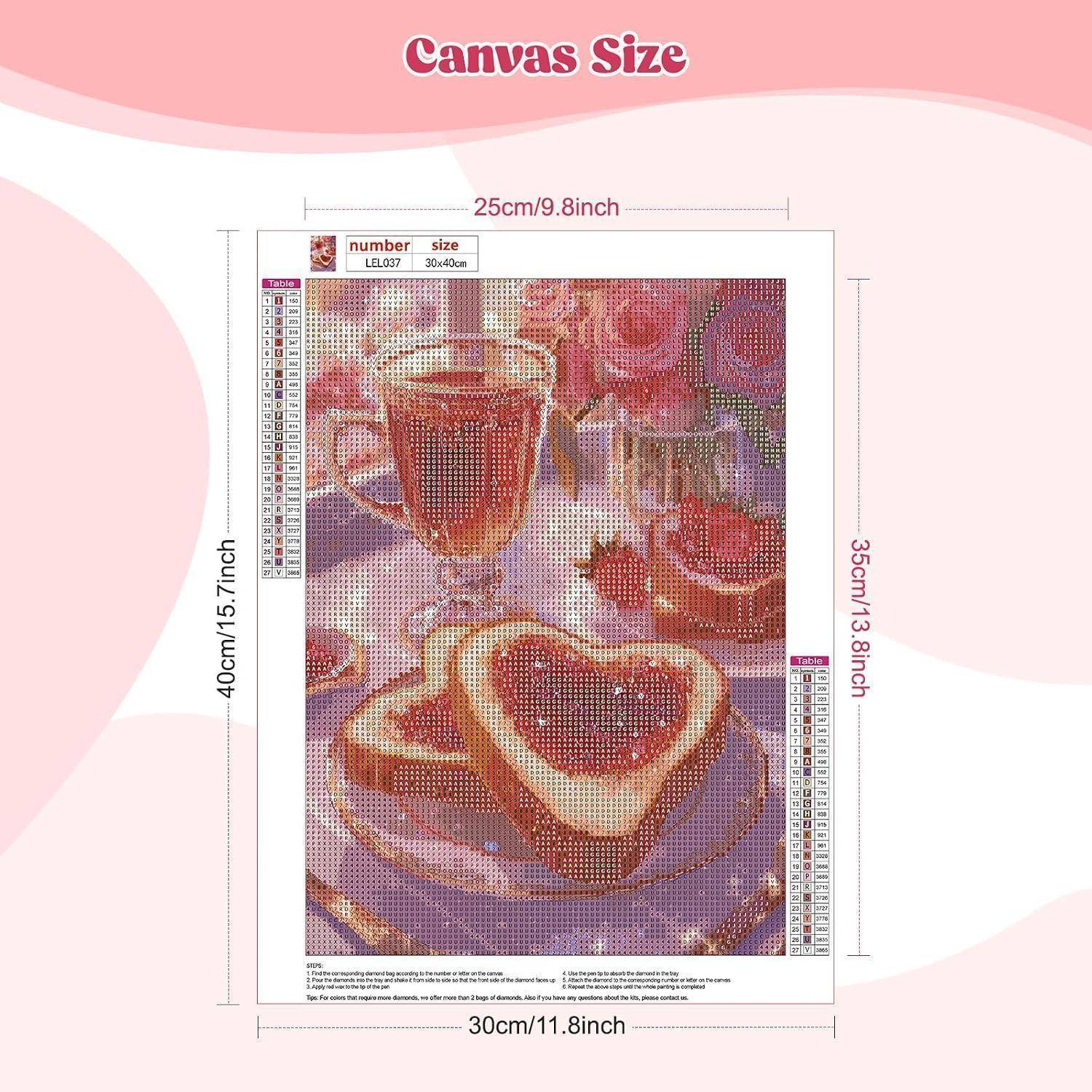 Diagramm zur Größe von Diamond-Painting-Leinwand mit einem 30 x 40 cm großen Design, mit markierter Fertigbildgröße von 25 x 35 cm und Gesamtleinwanddimensionen von 30 x 40 cm.