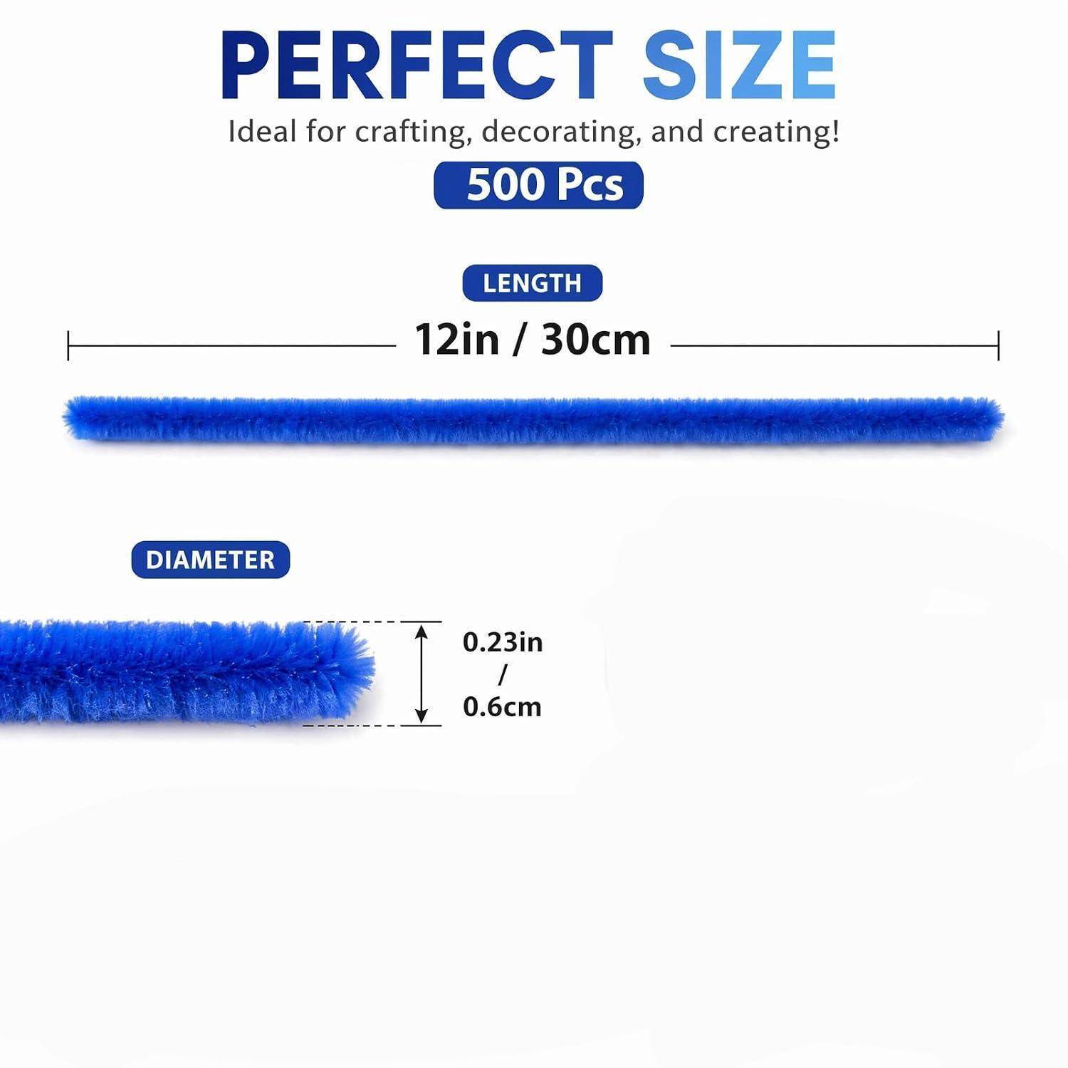 Produktgrößen-Grafik mit 500 blauen Chenillestielen: 12 Zoll (30 cm) lang und 0,23 Zoll (0,6 cm) Durchmesser, gekennzeichnet mit „Perfekte Größe