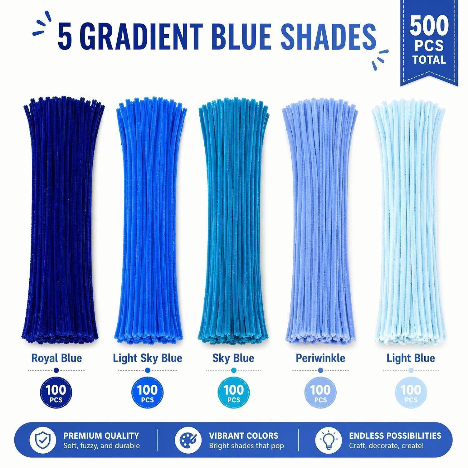 Produktbild mit 5 Farbverlauf-Blautönen von Pfeifenreinigern, insgesamt 500 Stück, mit je 100 Stück in Königsblau, hellem Himmelblau, Himmelblau, Periwinklblau und hellem Blau.