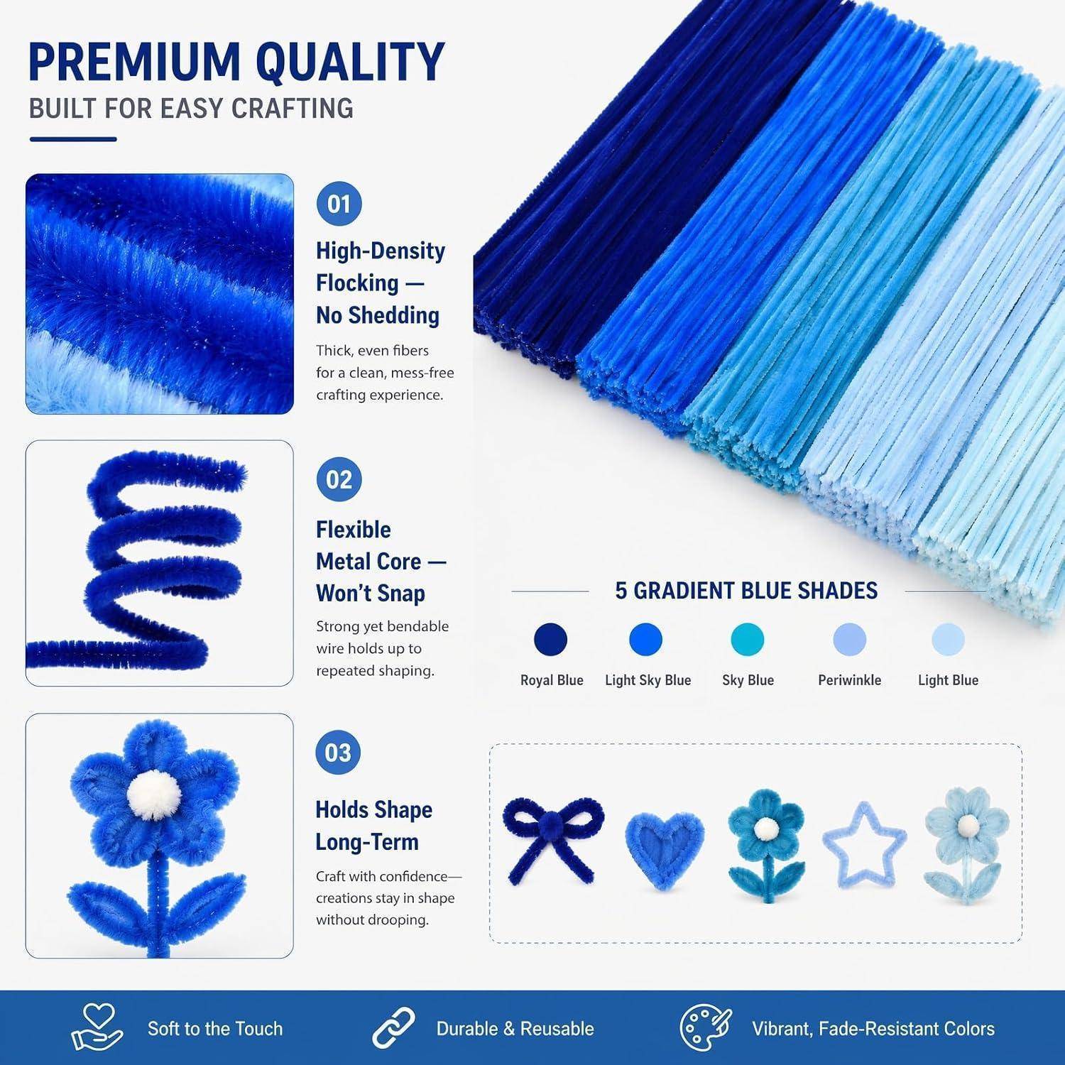Infografik zur Bewerbung von Premium-Blau-Chenille-Stengeln, die hochdichte Flockung, flexiblen Metallkern, Formbeständigkeit, fünf Farbverlauf-Blautöne und Handwerkseinsätze hervorhebt.