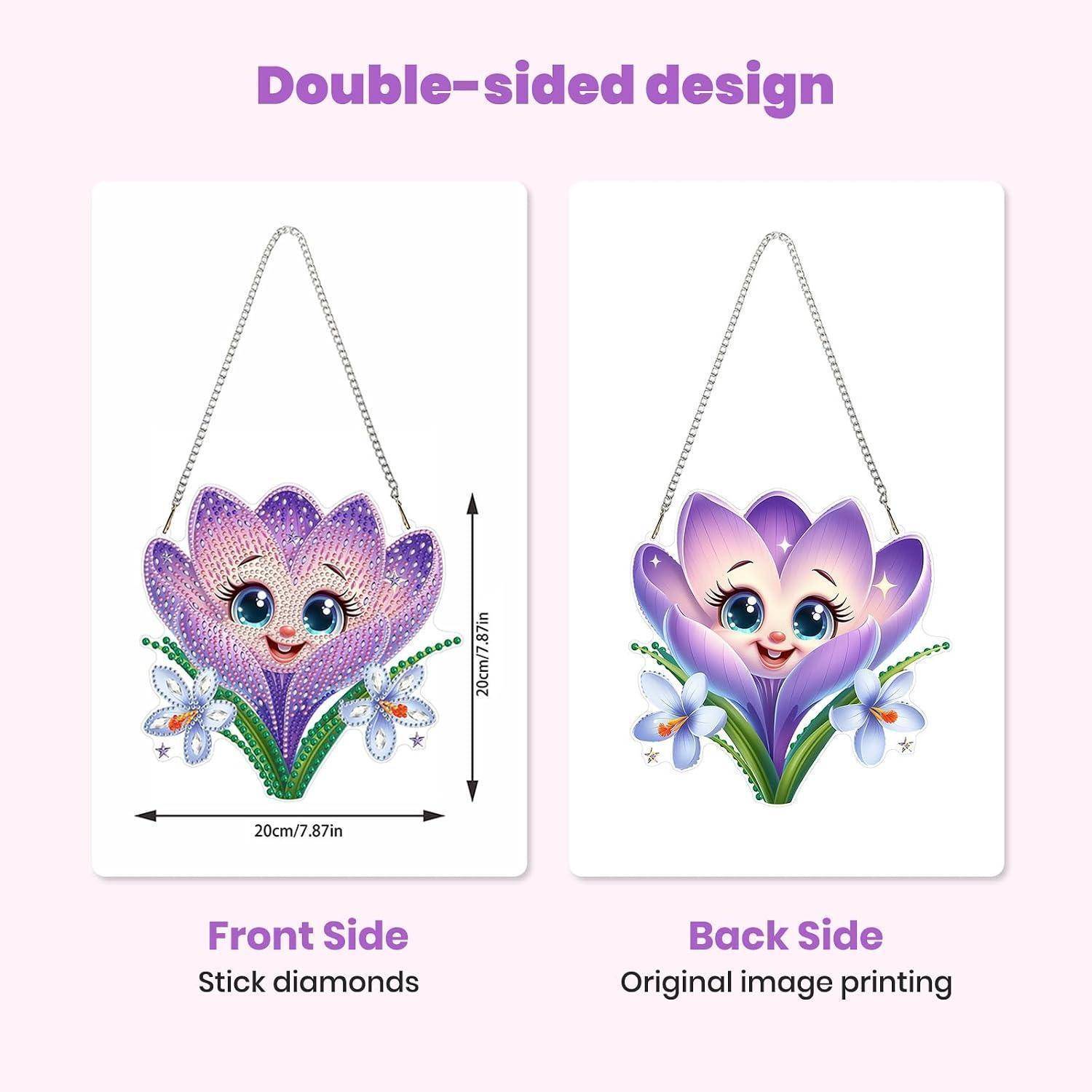 Vergleichsgrafik eines doppelseitigen Blumenornaments: Die Vorderseite zeigt Steckkristalle, die Rückseite zeigt das original bedruckte Bild; Größe angegeben als 20 cm mal 25 cm.