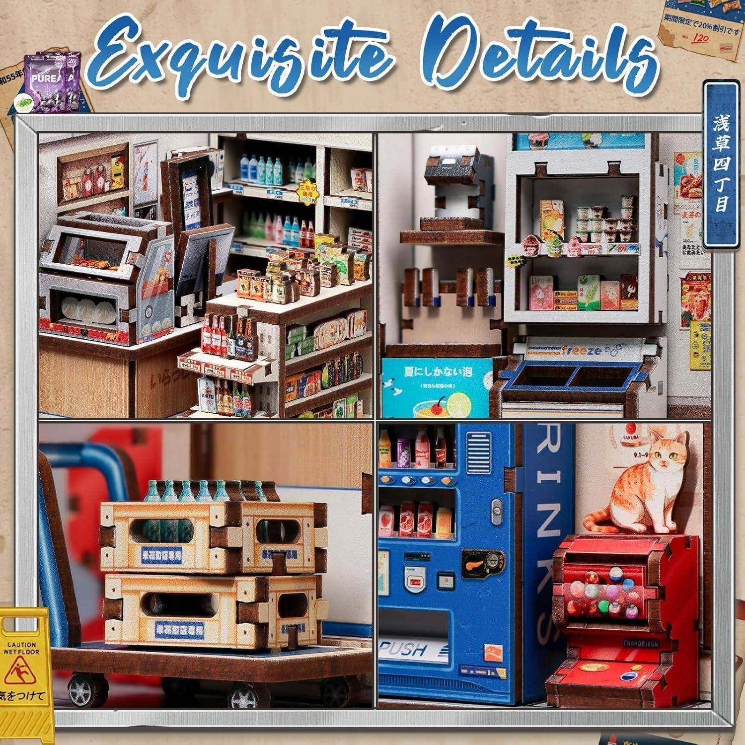 Collage aus detaillierten Miniatur-Verkaufsautomaten und Ladenauslagen, die winzige Regale, Kühlvitrinen und japanische Beschilderung in einer Modellstraßenszene zeigen.