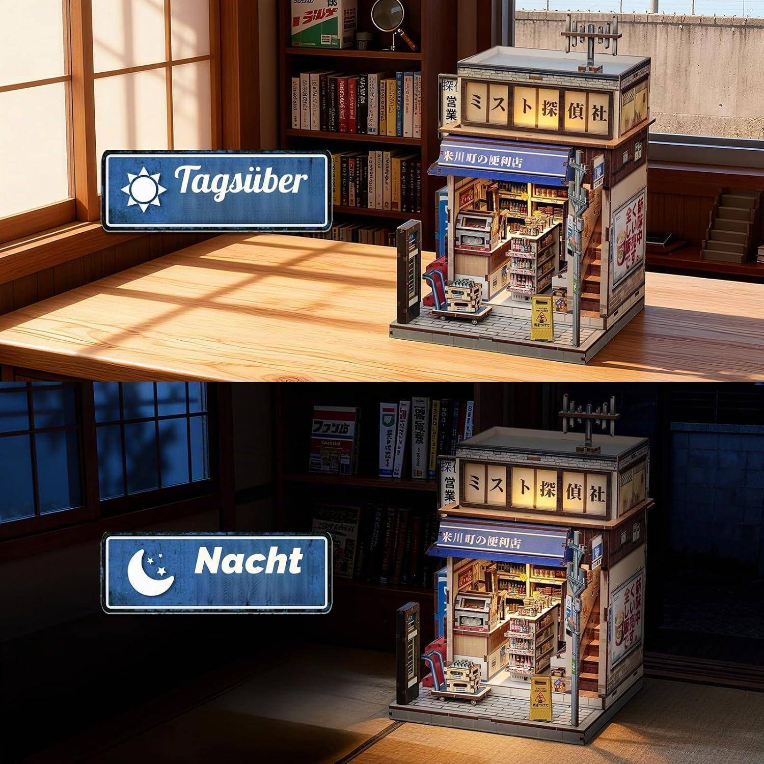 Geteiltes Bild zeigt das gleiche Miniatur-Buchhandelsmodell bei Tagesbeleuchtung und nächtlicher Beleuchtung, beschriftet mit „Tagsüber