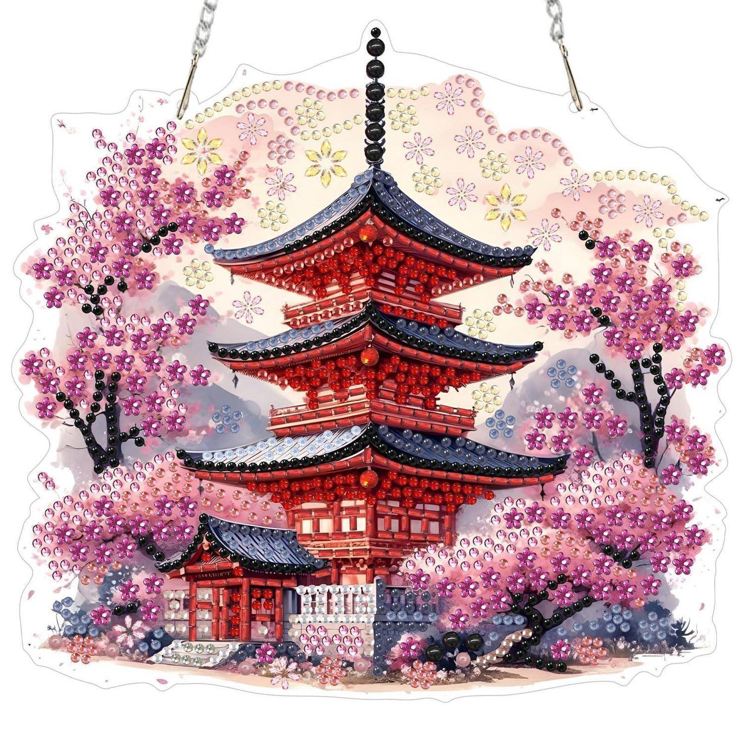 MEIYUDA Diamond Painting Erwachsene Anhänger Turm Kirschblüten, 5D DIY Fensterbilder Diamond Painting Set Sonnenfänger, Lichtfanger Bastelset Erwac