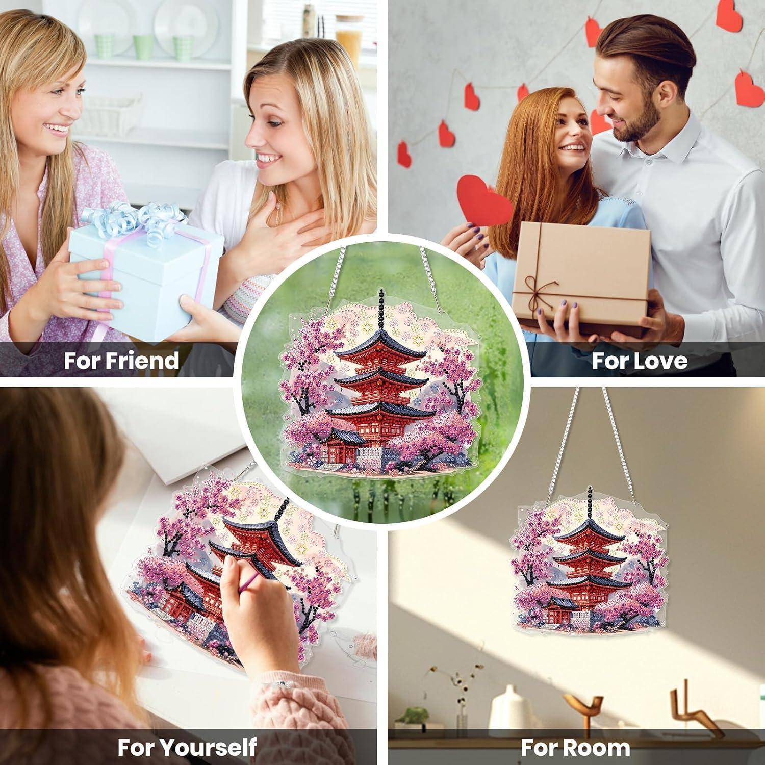 Werbekollagen-Darstellung einer Kirschblüten-Pagoden-Wandbehang-Geschenk für einen Freund, einen geliebten Menschen, sich selbst oder ein Zimmer.