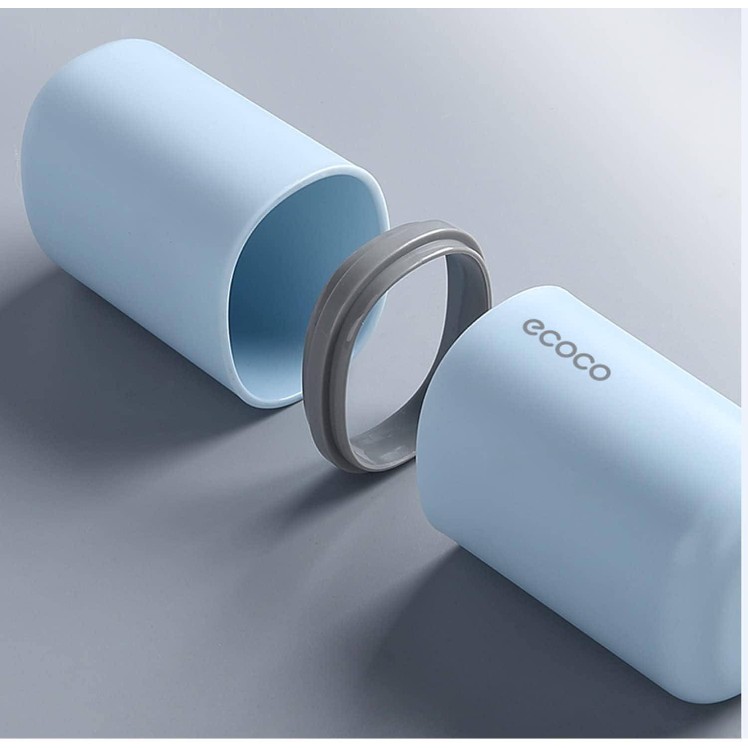 Zwei hellblaue zylindrische Behälterhälften sind durch einen grauen Ring getrennt, eine Hälfte ist mit „ecoco