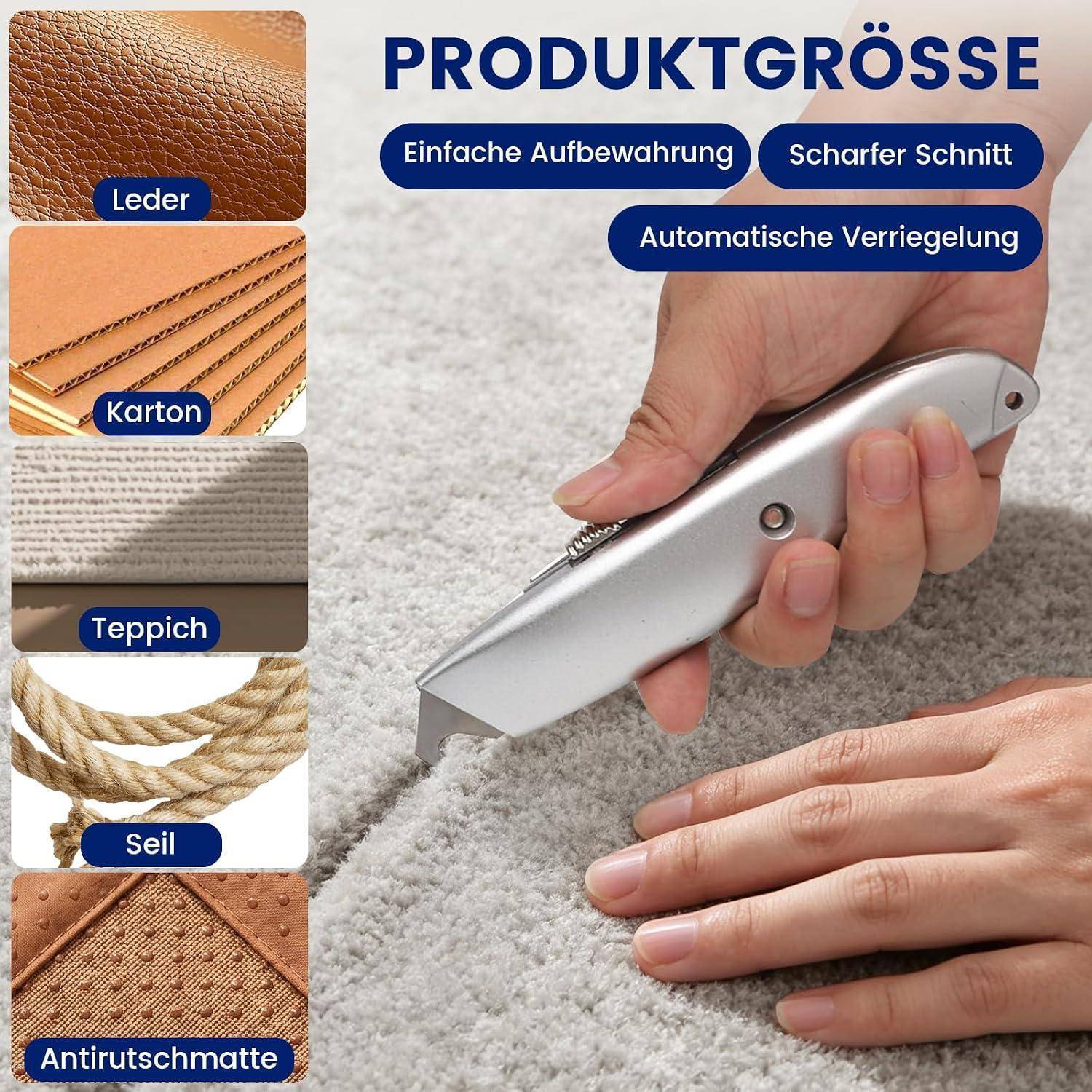 Hand hält ein Universalmesser und schneidet einen Teppich, mit deutschem Produkttext „PRODUKTGRÖSSE