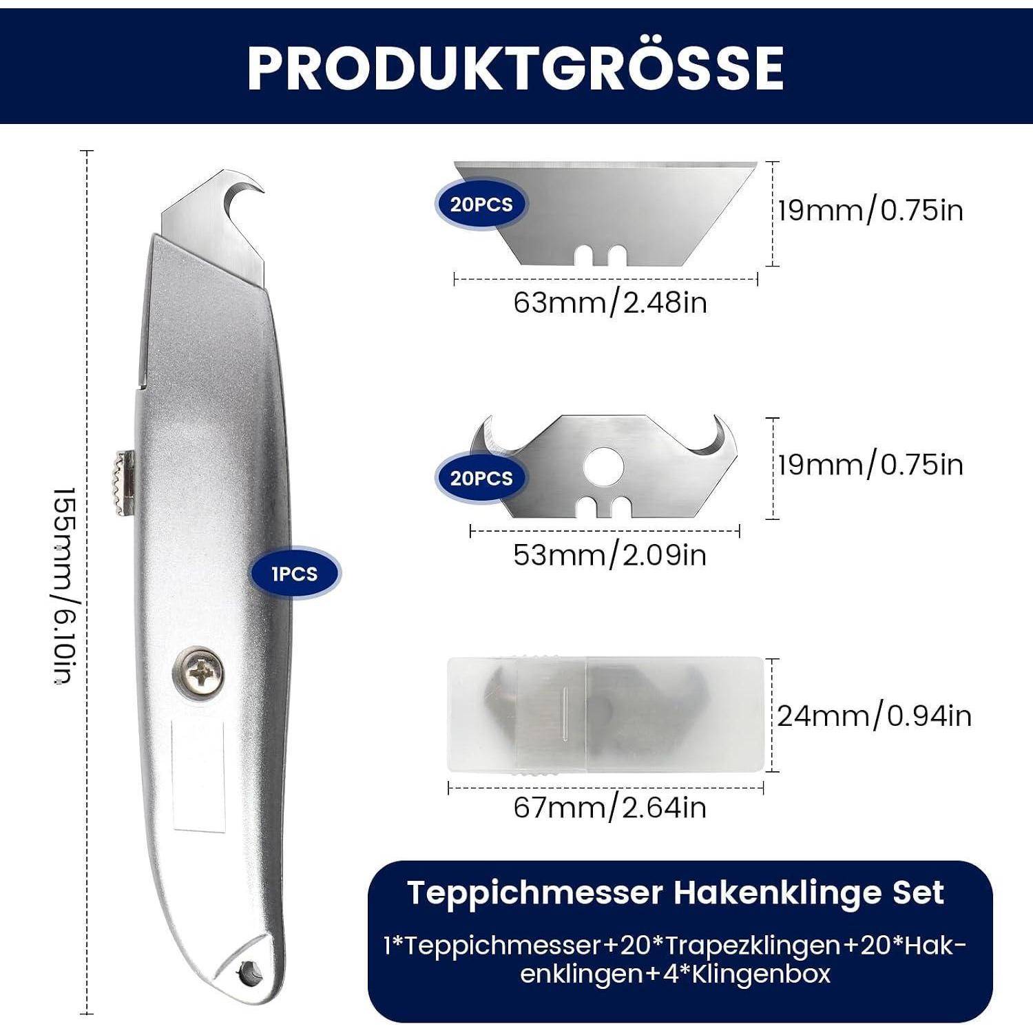 Produktgrößendiagramm für ein „Teppichmesser Hakenklinge Set