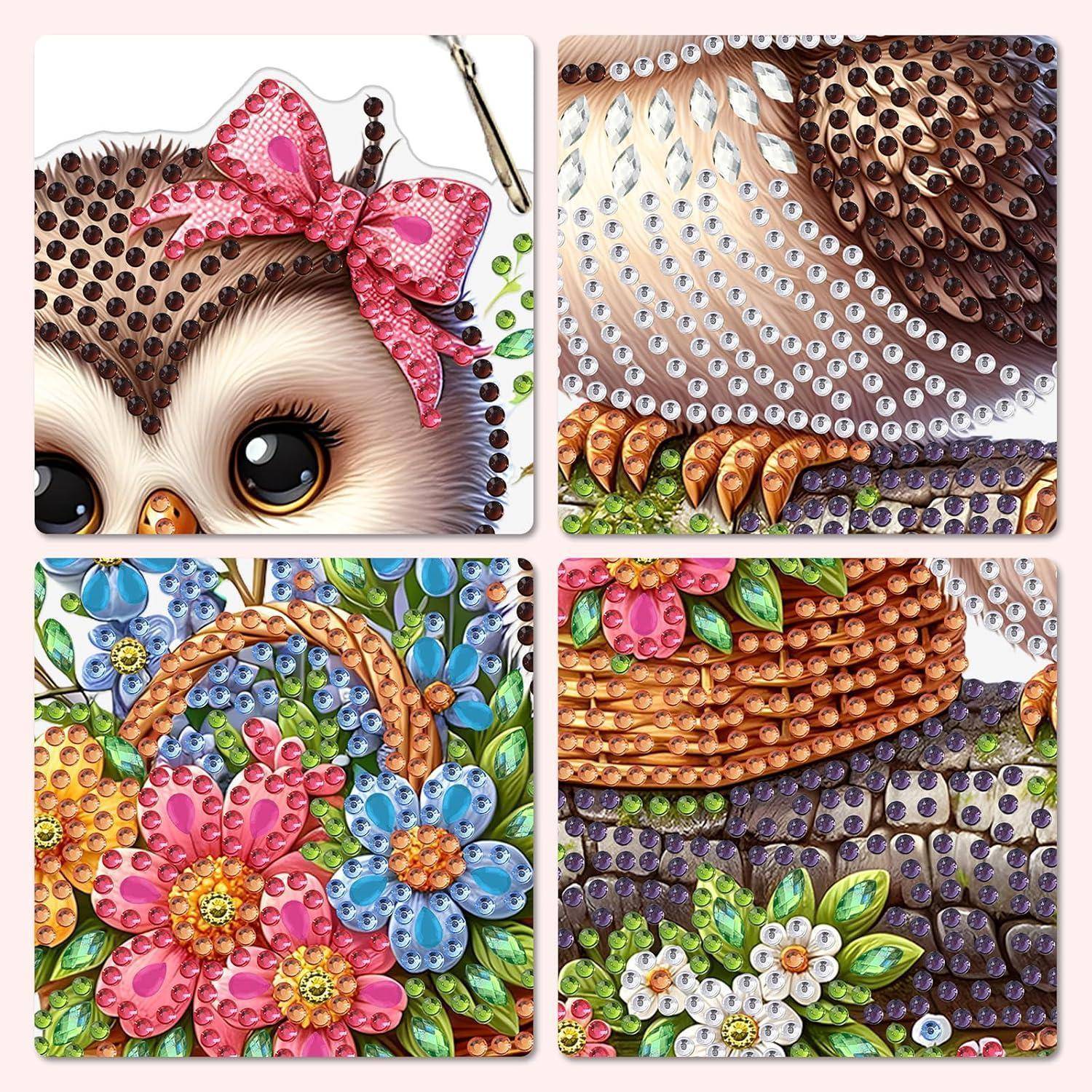 Collage aus buntem Rhinstein-ähnlichem Tier- und Blumenkunstwerk, einschließlich eines Eulengees, eines Schmetterlings und Blumen auf einem Raster aus vier Feldern.