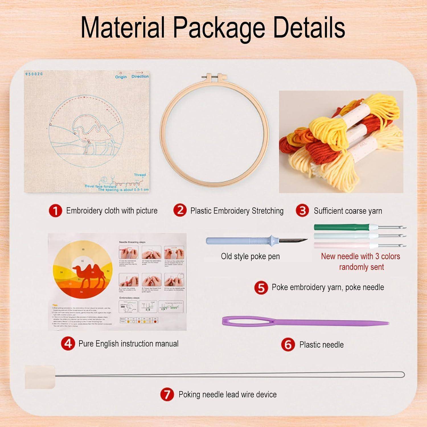 Materialpaketdetails für ein Stickerei-Set, das das Bildtuch, den Kunststoffreifen, das Garn, die Nadeln, die Anleitung, das Bleidrahtgerät und die Stechadel zeigt.