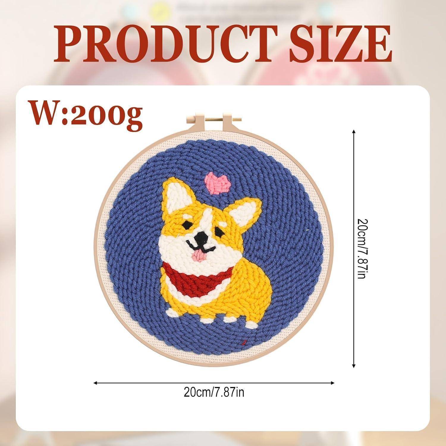 Produktgrößen-Grafik, die einen runden bestickten Corgi-Reifen zeigt, gekennzeichnet mit G: 200g und 20 cm/7,87 Zoll breit und hoch.