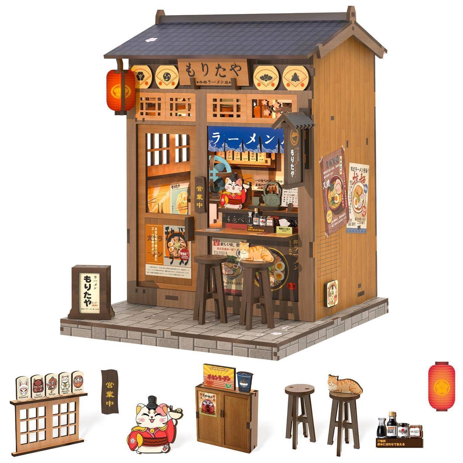 Miniatur-Japanisches Ramen-Shop-Display mit Laterne, Menütafeln, Hockern und kleinen Zubehörteilen, die unten gezeigt werden.