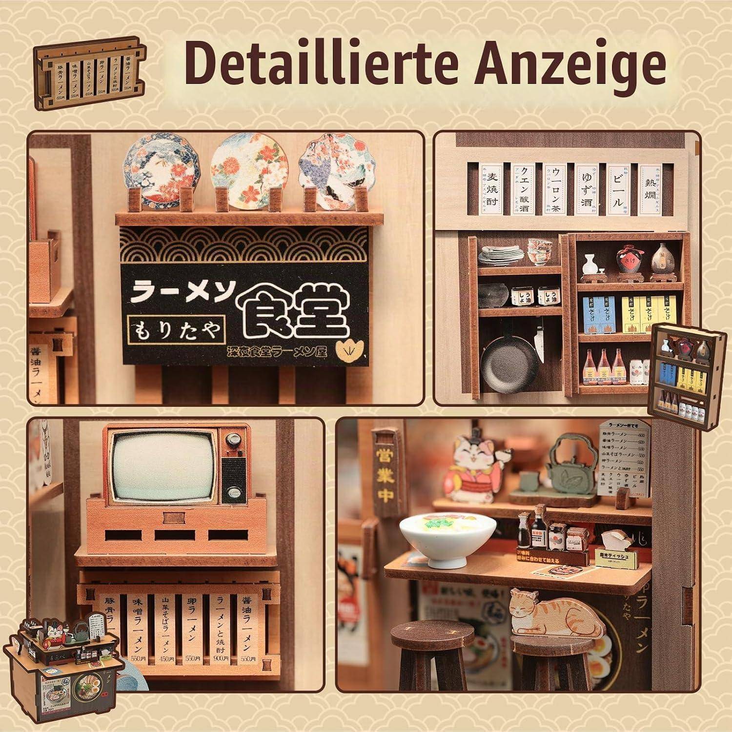 Collage aus Szenen eines miniaturisierten japanischen Ramen-Ladens: Regale, Menütafeln, Schüsseln, Hocker und ein Retro-Fernseher in einem detaillierten Modellinterieur.