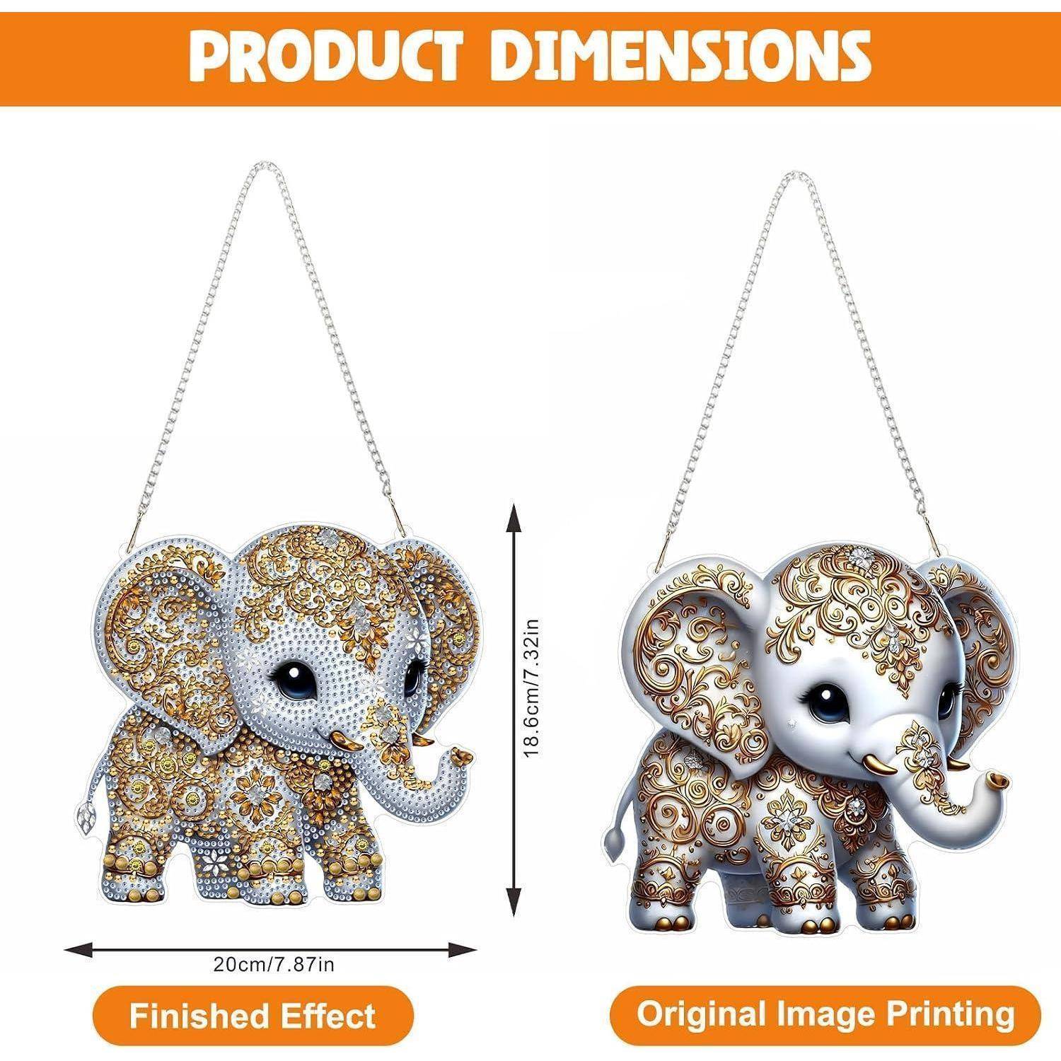 Produktdimensionen-Grafik für einen hängenden Elefantenschmuck, die zwei Designs zeigt. Fertigeffekt und Original-Bilddruck werden verglichen; Größe ist 20 cm breit und 18,6 cm hoch.