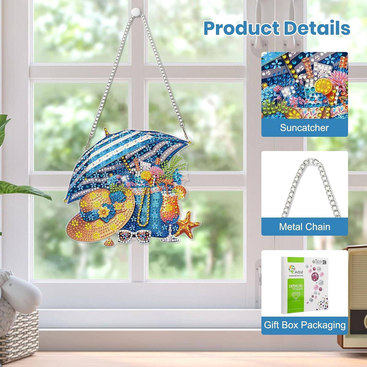 Produktdetails zeigen einen farbenfrohen hängenden Sonnenfänger mit Metallkette und Geschenkbox-Verpackung.