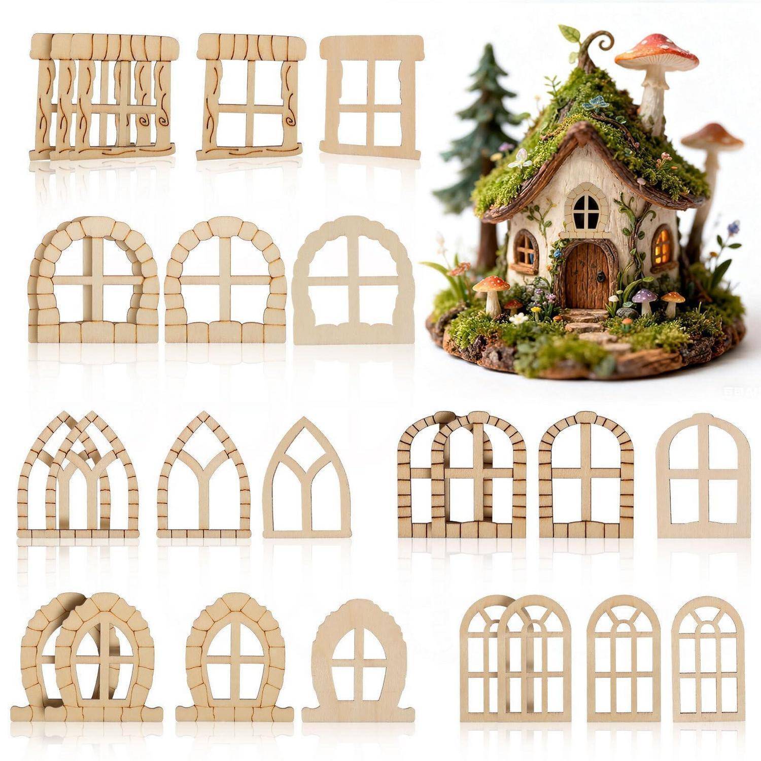 Collage aus winzigen Holzhasfenstern und Feenhäuschen-Teilen, die verschiedene gewölbte und rechteckige Rahmendesigns neben einem moosigen Pilzdach-Feenhausmodell zeigen.