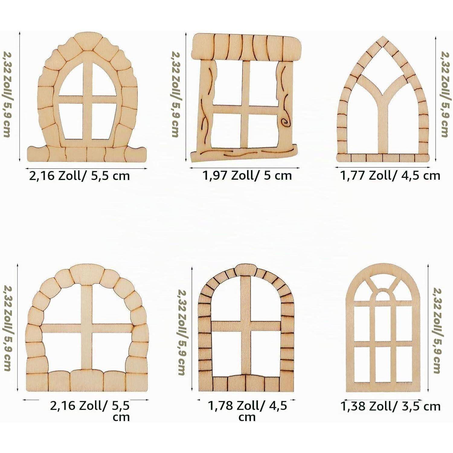 Sechs hölzerne gewölbte Fensterrahmen in einem 2x3-Raster angezeigt, jeder mit der Größe in Zoll und Zentimetern gekennzeichnet.
