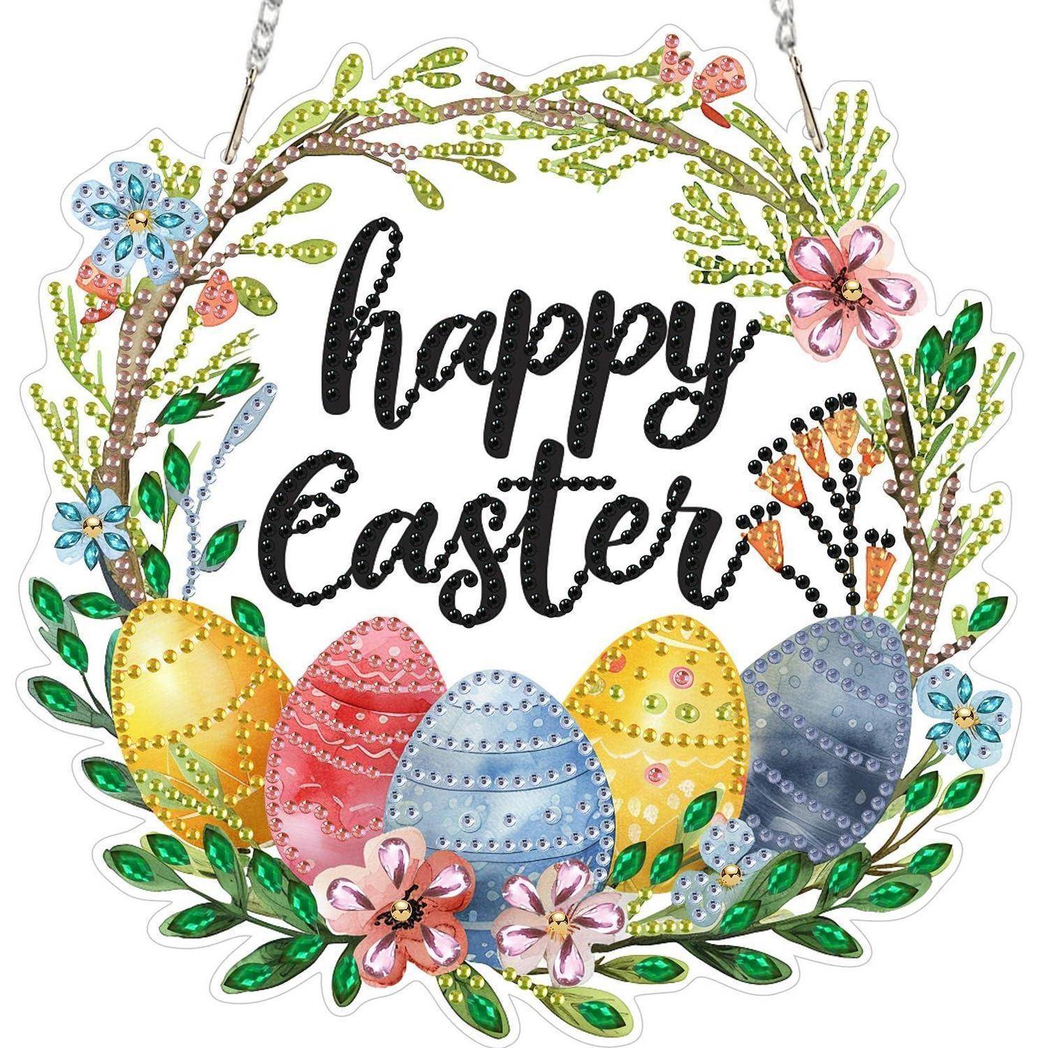 Dekorativer Osterstrauß mit Blumen, Blättern und bunten Eiern, die die Worte 
