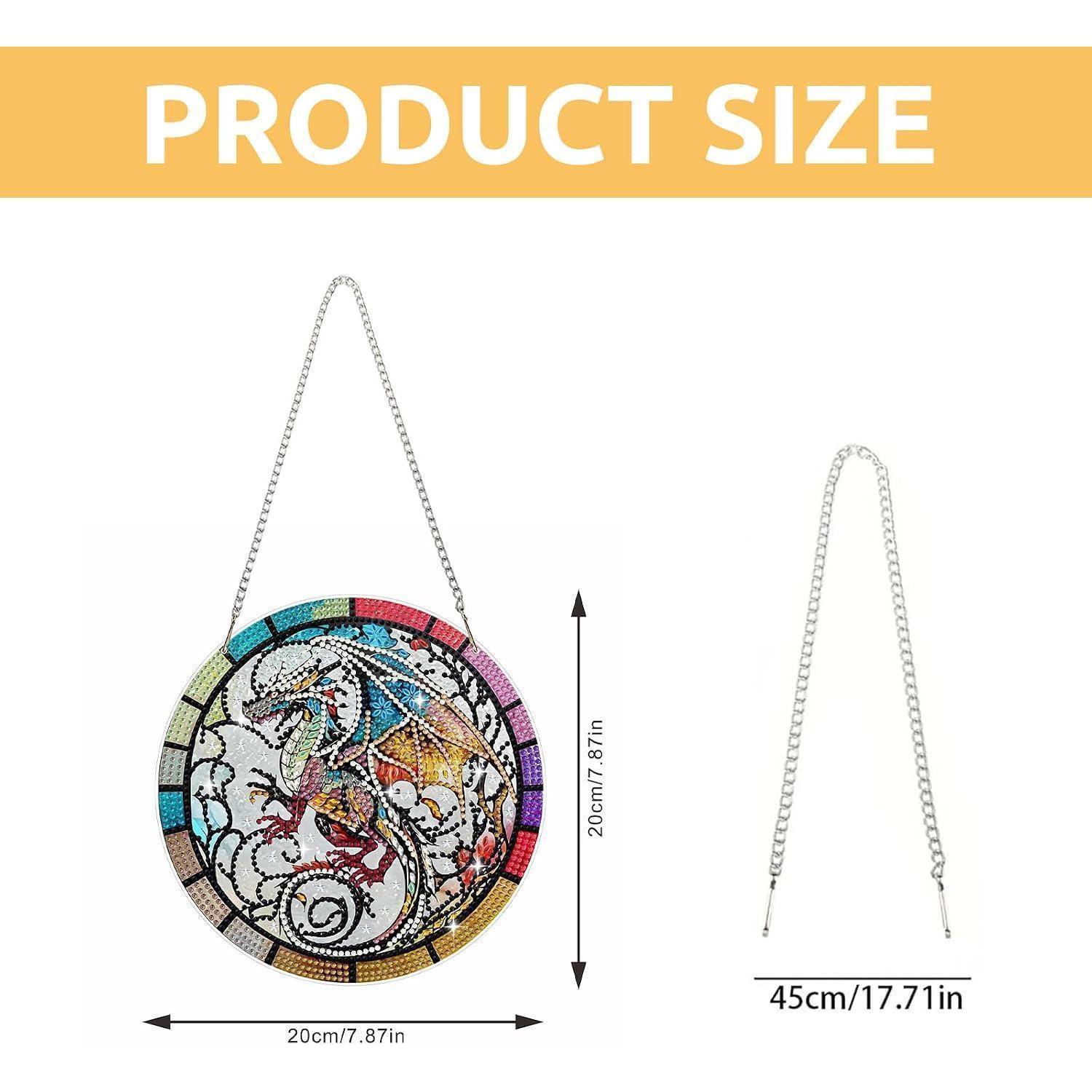 Größendiagramm für eine runde Kettenhenkeltasche, das zeigt, dass die Tasche 20 cm (7,87 Zoll) breit und 20 cm hoch ist, mit einer Kettenlänge von 45 cm (17,71 Zoll).
